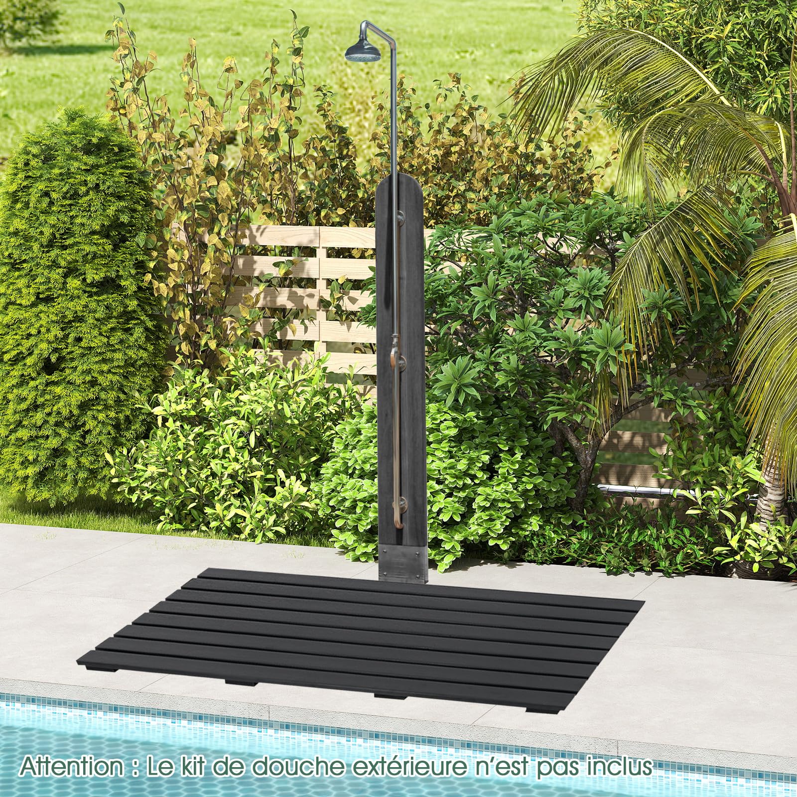 GOPLUS Tapis de Douche Exterieur, 100 X 60 CM Caillebotis Interieur Antidérapante Bois-Plastique,Design à Lattes de Sol pour Salle de Bain, Charge 150KG, Noir