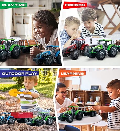 Miniatura 4 de Mozlly Juego de remolque de tractor de granja alimentado por fricción, juguetes de 16 pulgadas para niños y niñas, tanque de agua roja, tractor