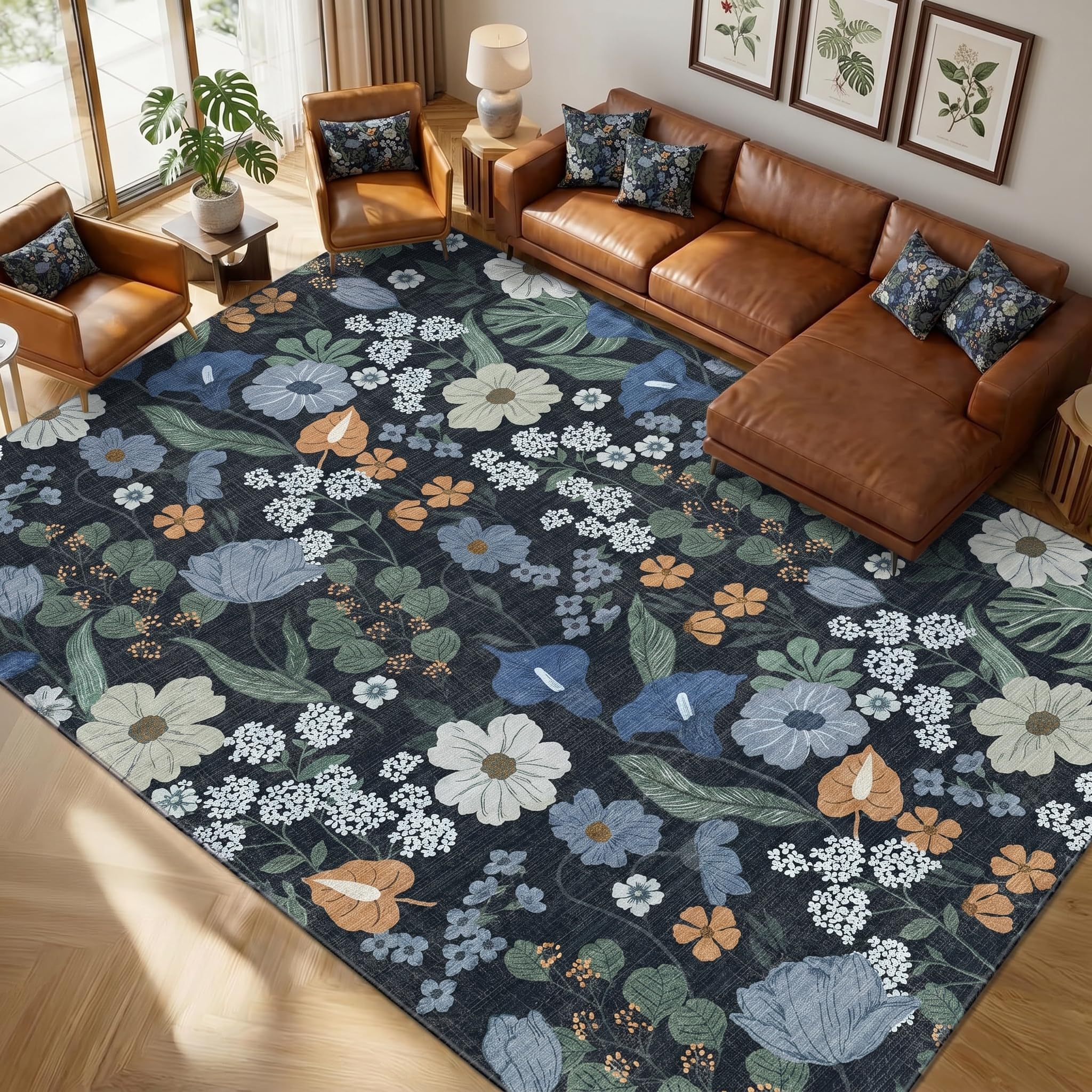 WQMMD Large Area Blue Rugs Floral for Living Room 140x200cm Machine Washable Extra Large Rug Non-Slip Low Pile Boho Vintage Carpet for Kids Room, Bedroom, Kitchen, Entryway, Lounge, Dining Room โ image 1