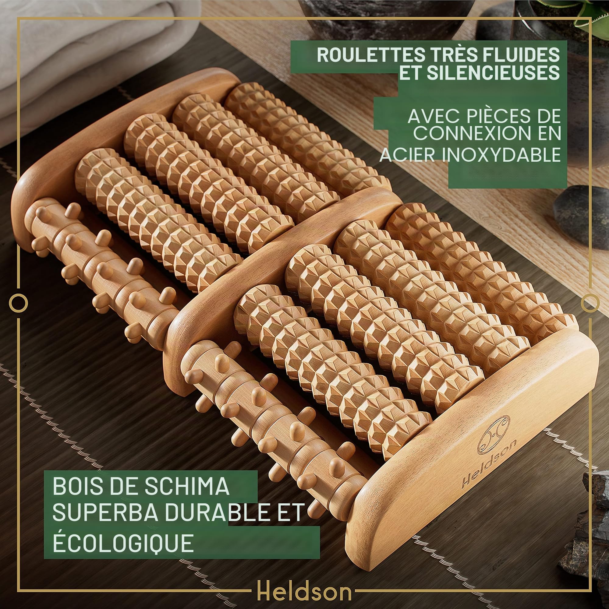 HELDSON® Rouleau de Massage en Bois • Appareil de Massage des Pieds • Drainage Lymphatique & Solution de Relaxation Manuel • Thérapie Reflexologie Plantaire