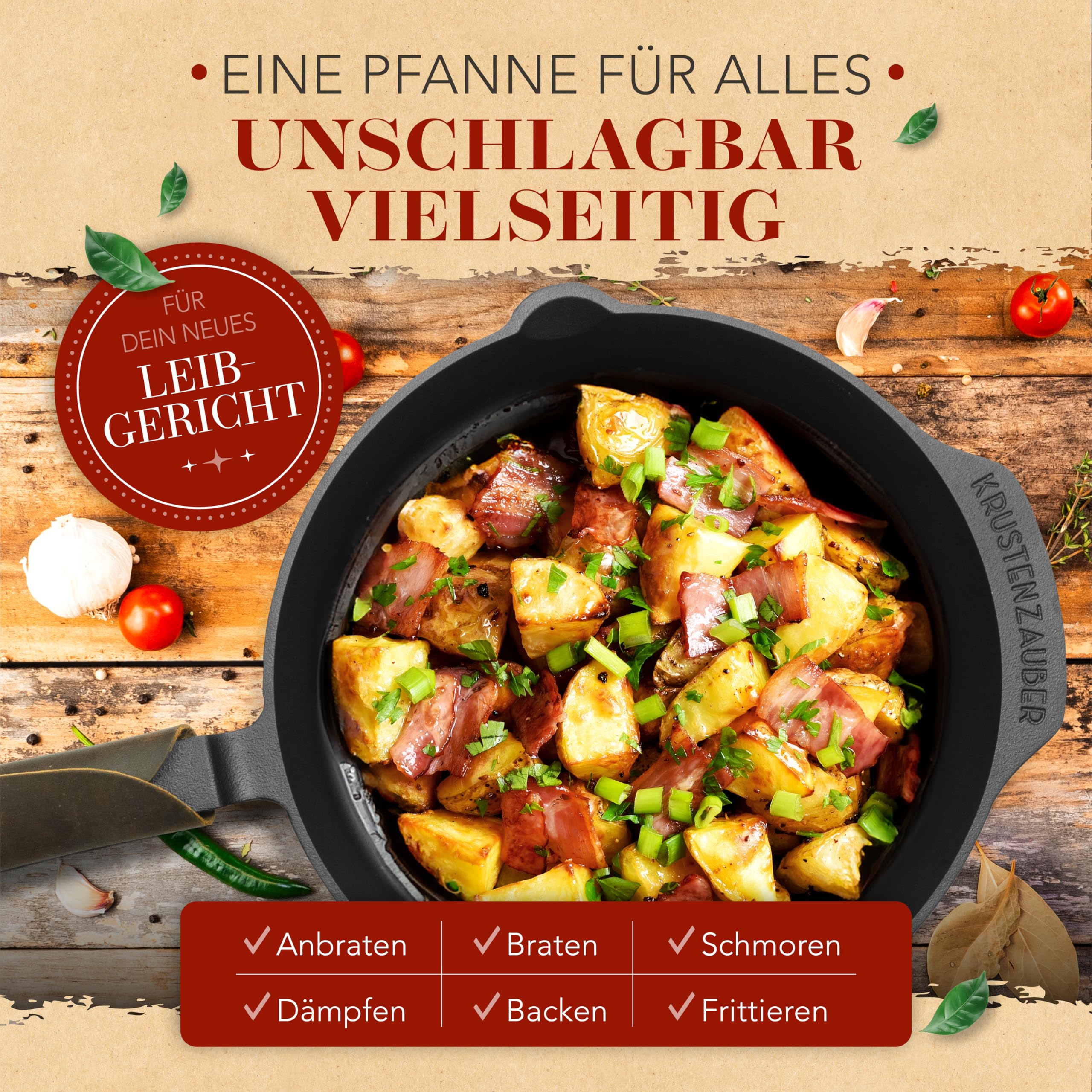 KRUSTENZAUBER Gusseisenpfanne Induktion 28cm inkl. Anleitung und Rezeptbuch - Geschliffene Pfanne Gusseisen, Eisenpfanne, Cast Iron Pan, Gusspfanne, Gusseiserne Pfanne, Gusseisen-Pfanne, Gusspfanne