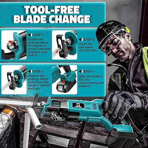 Miniatura 6 de Sierra recíproca inalámbrica compatible con batería Makita de 18 V, velocidad variable de 1 pulgada de longitud de carrera, 3200 SPM, cambio de hoja