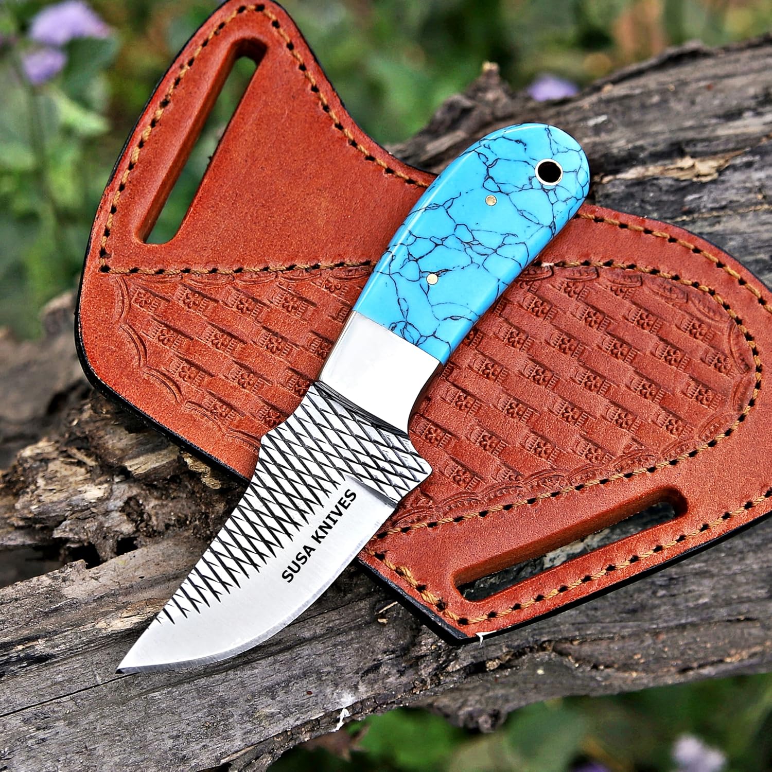 Custom Handmade 7'' fixed blade hoof rasp knife Cow boy knife Bull cutter Cowboy knives with Turquoise Handle pancake leather sheath (Turquoise BLUE)