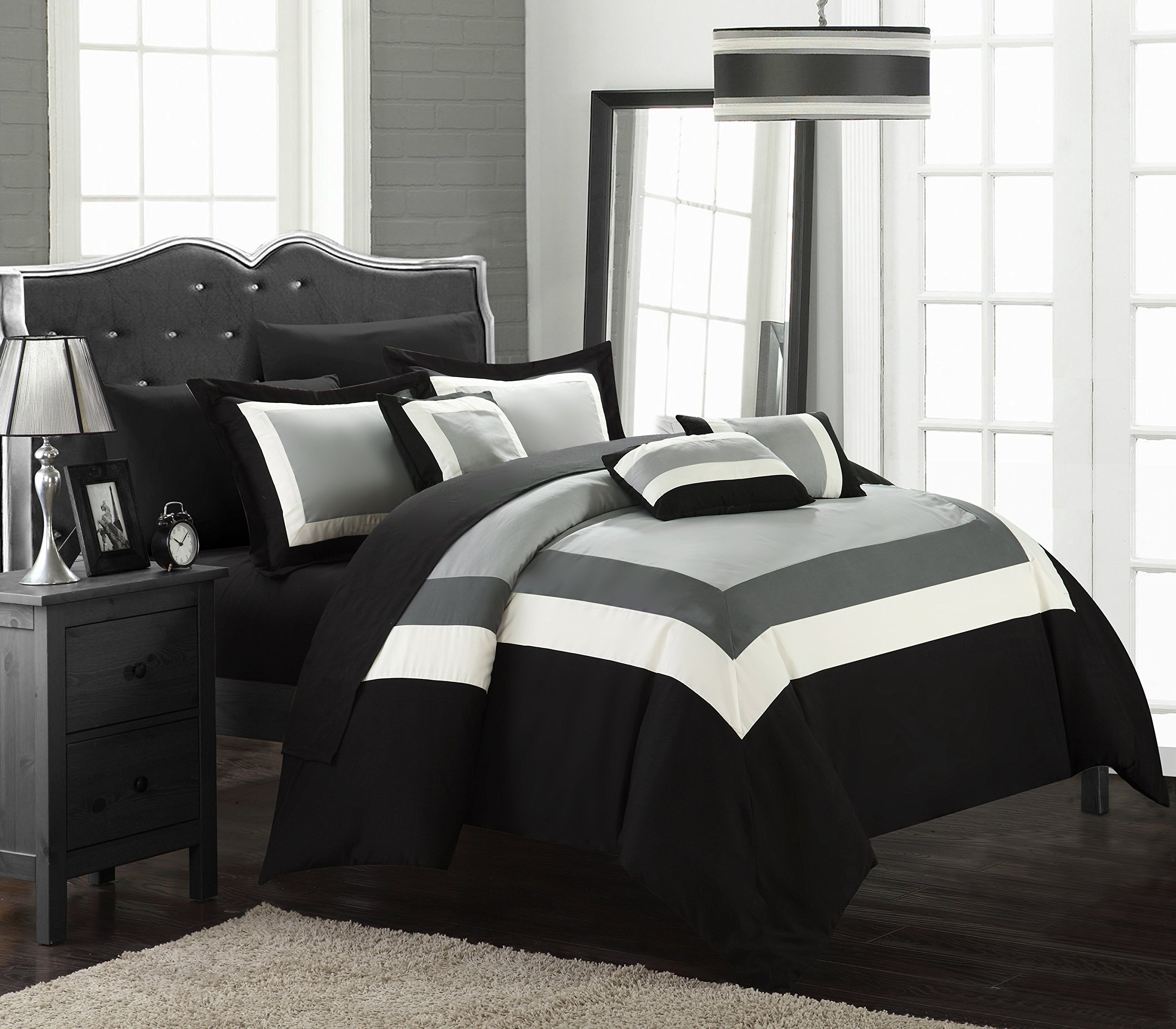 Chic Home10 Piece Duke Pieced Color Block Bed in a Bag Comforter Set, Queen Black with Sheet Set