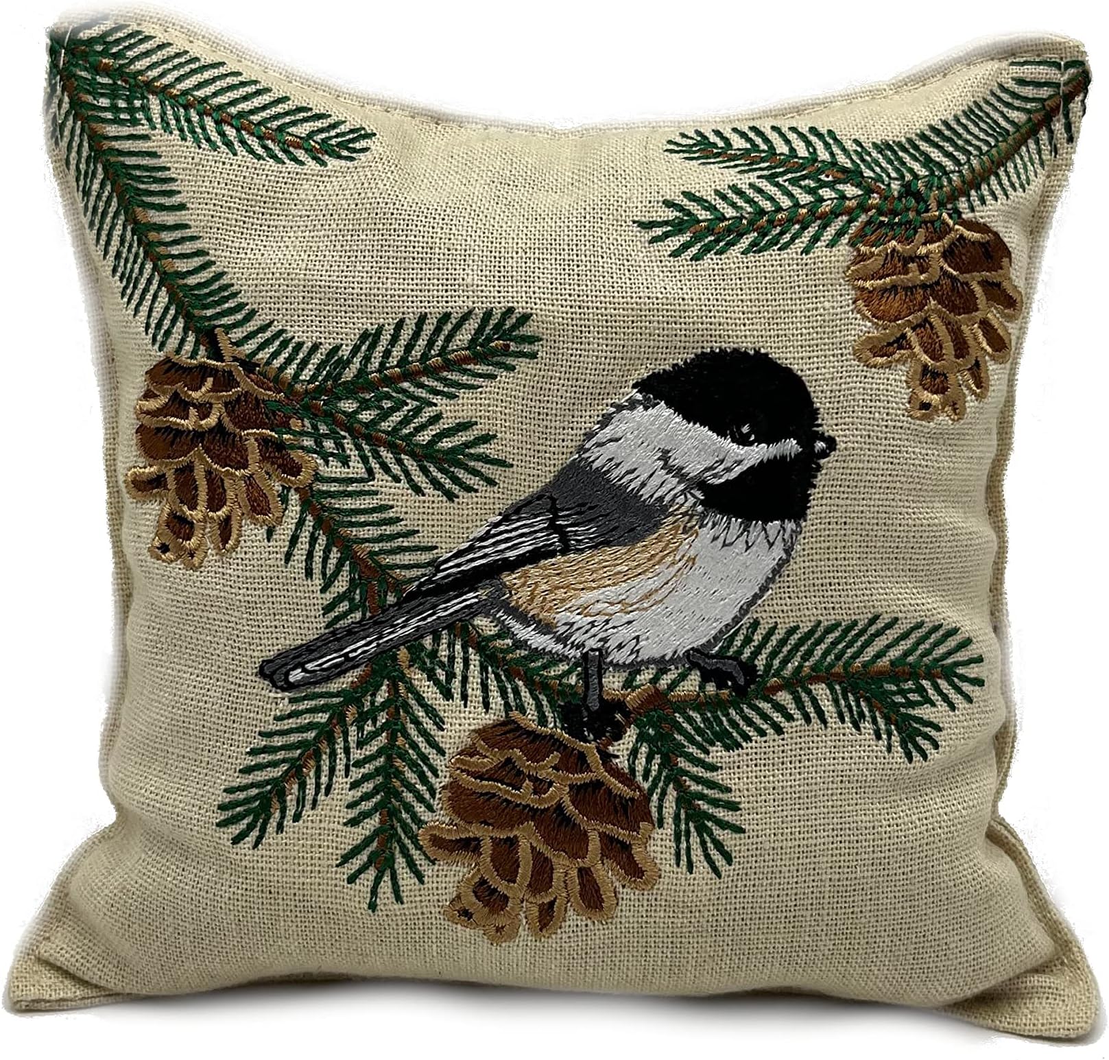 Liphontcta Chickadee & Pinecone 5" x 5" Balsam Fir Pillow Embroidered