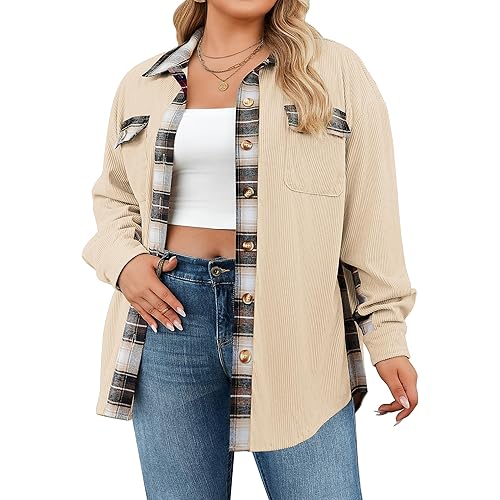 IN'VOLAND Womens Plus Size Corduroy Shacket Jacket Plaid Button Down Shirts Boyfriend Casual Long Sleeves Blouses Tops