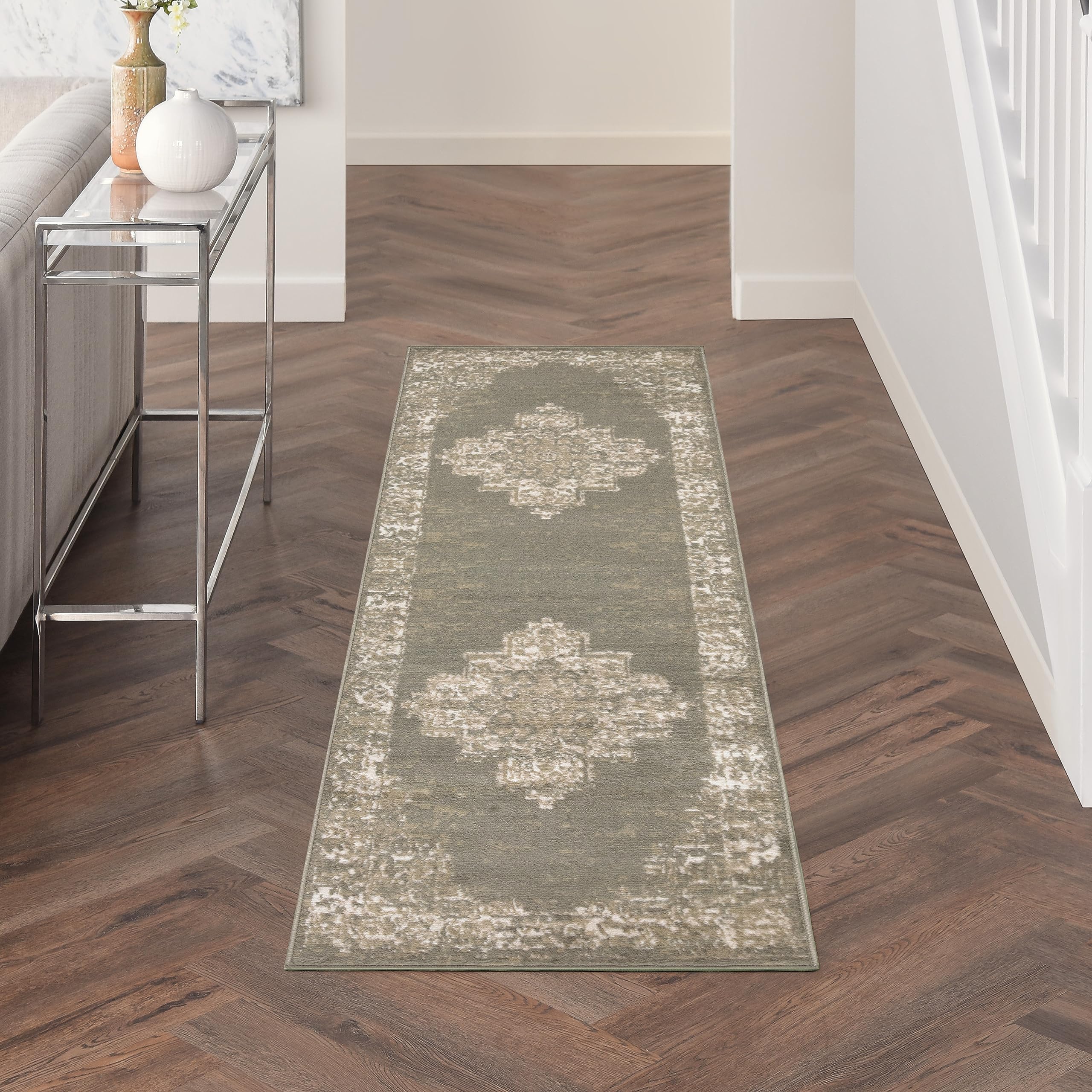 Nourison Home Grafix Olive 2'3" x 7'6" Area Rug - Easy Clean, Non Shedding, Bed Room, Living Room, Dining Room, Kitchen (8' Runner)