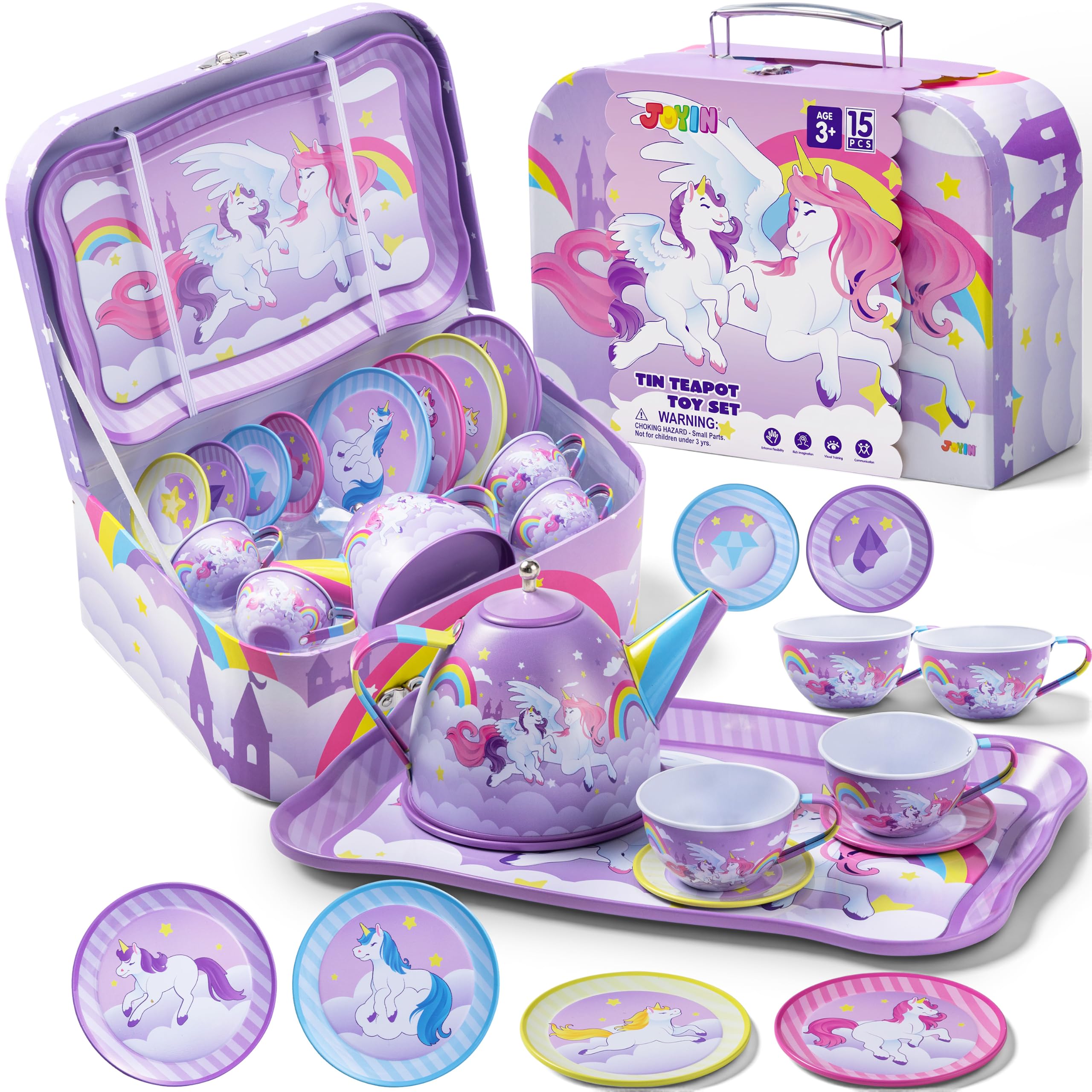 JOYIN Unicorn Tea Party Set for Little Girls, Pretend Purple Tin Teapot Set, Princess Tea Time Play Kitchen Toy with Teapot, Cup, Plate, Carrying Case for Kids Age 3+, Birthday Gifts