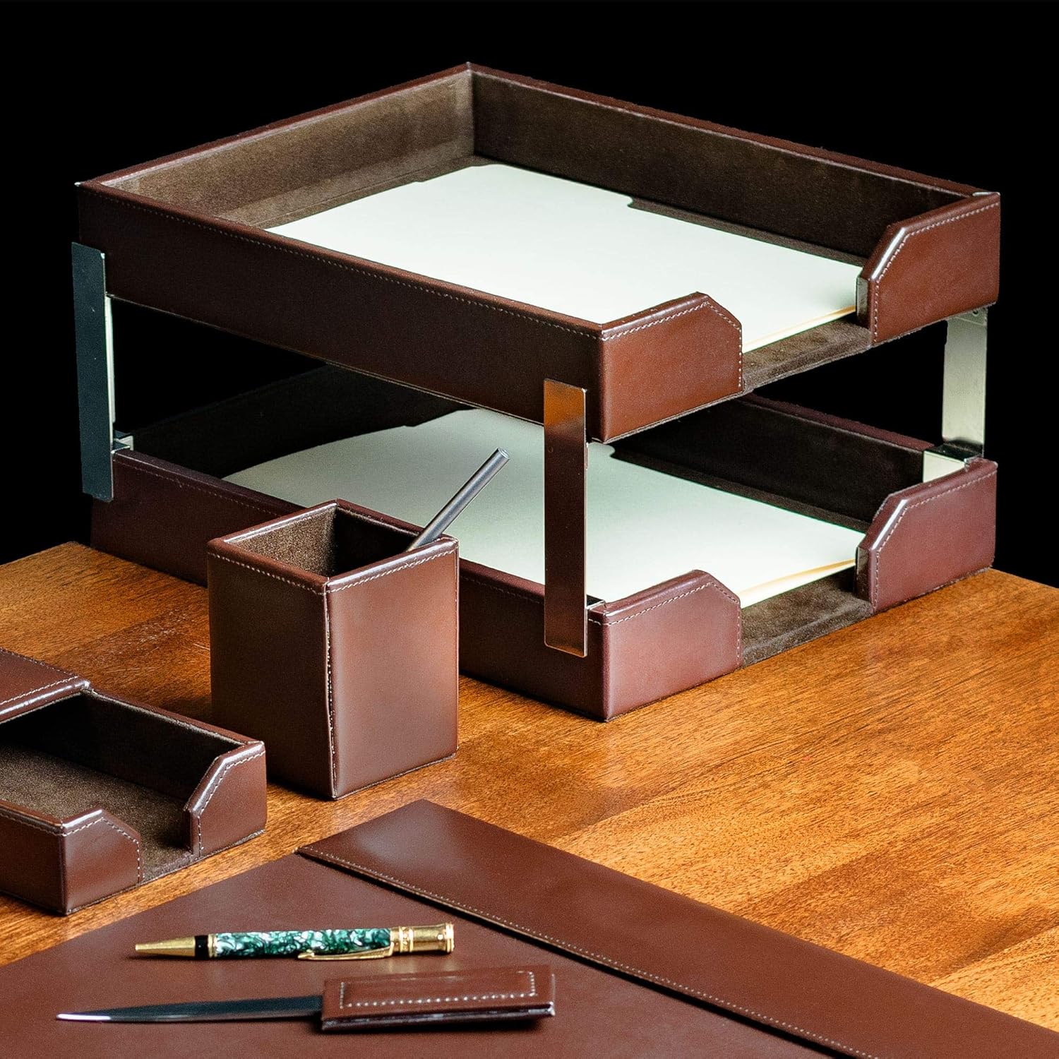 Dacasso Dark Brown Bonded Leather Double Letter Trays