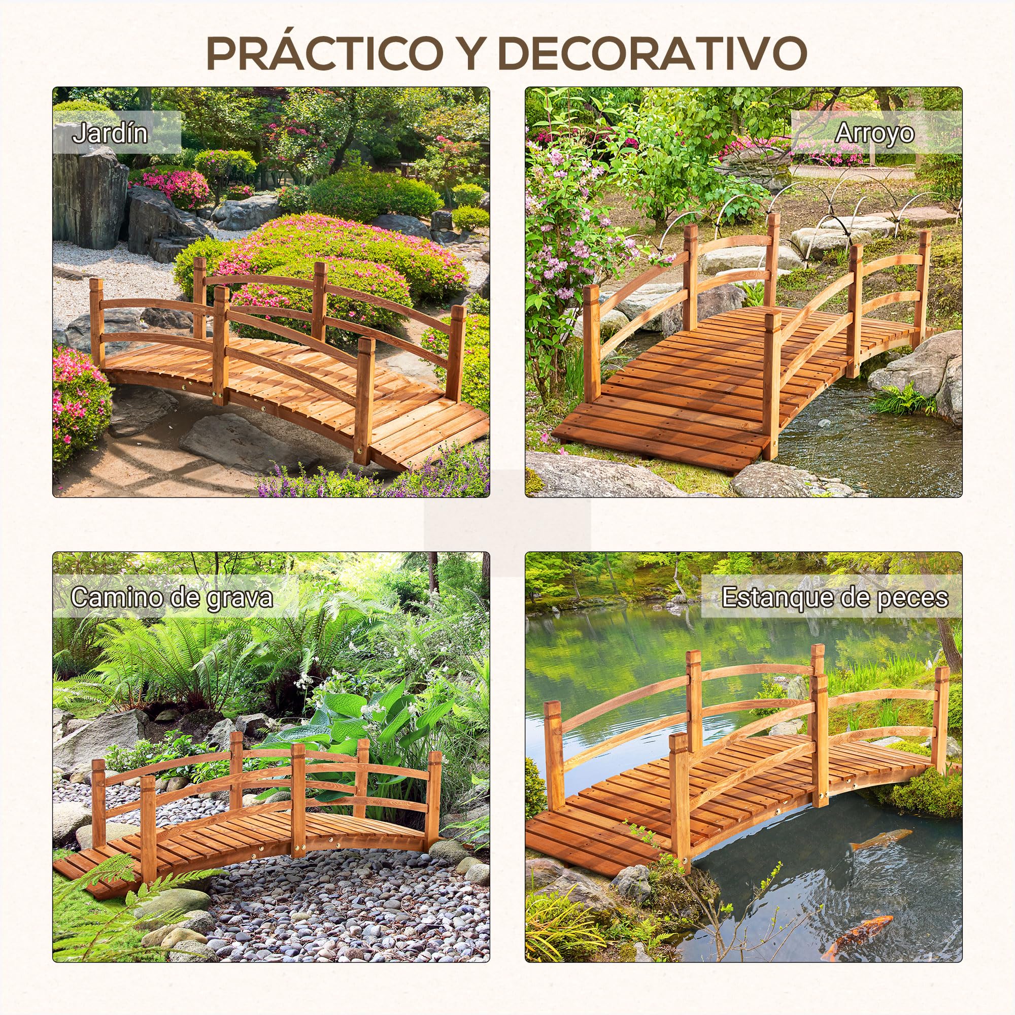 Outsunny Pont en bois avec main courante pour décoration de patio Charge 200 kg 185 x 72 x 58 cm Naturel