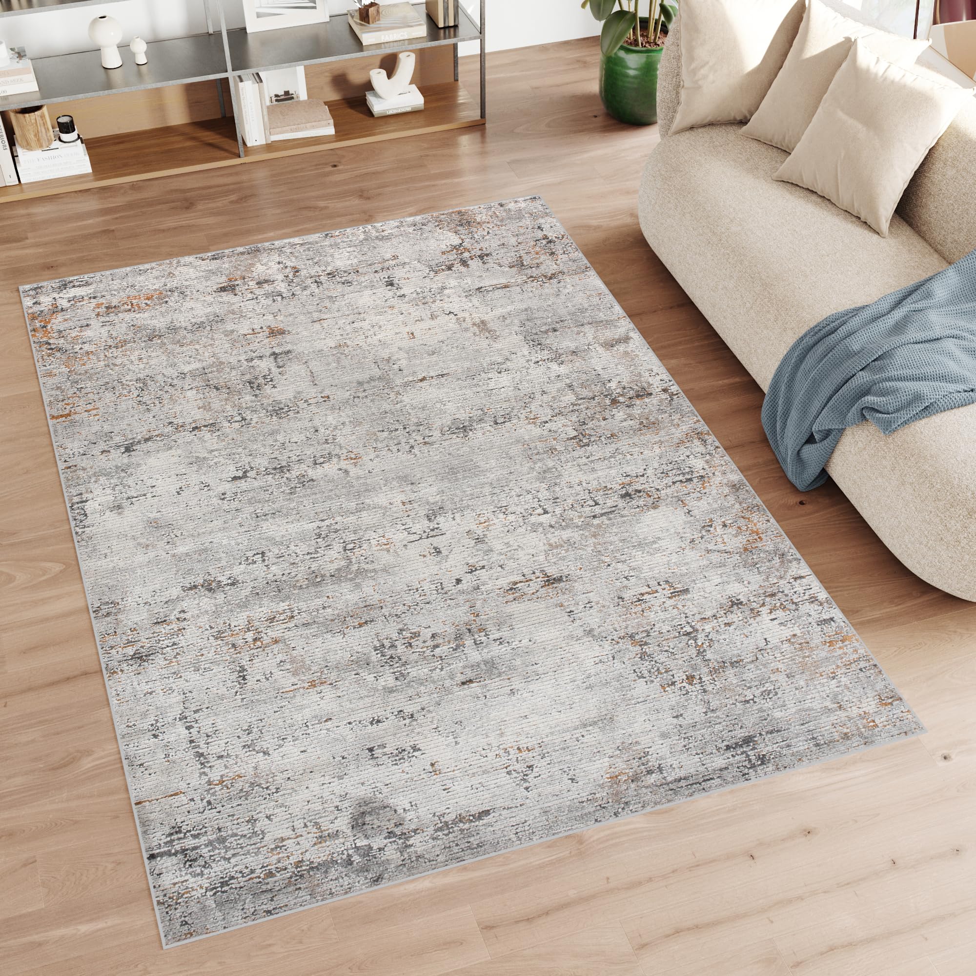 Tapiso Feyruz dywan z krótkim włosiem, szary, pomarańczowy, nowoczesne wzornictwo, w paski, vintage, do salonu, sypialni, Ökotex, 140 x 200 cm