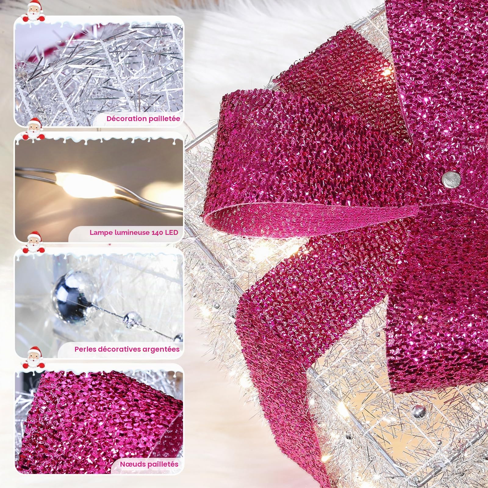 Quntis Cadeau Lumineux Noël 140 LEDs, 3Pcs Boîtes cadeaux Lumineuses avec Nœuds Rose, Coffret Cadeau Décoration Noël avec Guirlande Lumineuse Blanc Chaud, Déco Noël Intérieur pour Maison Arbre de Noël