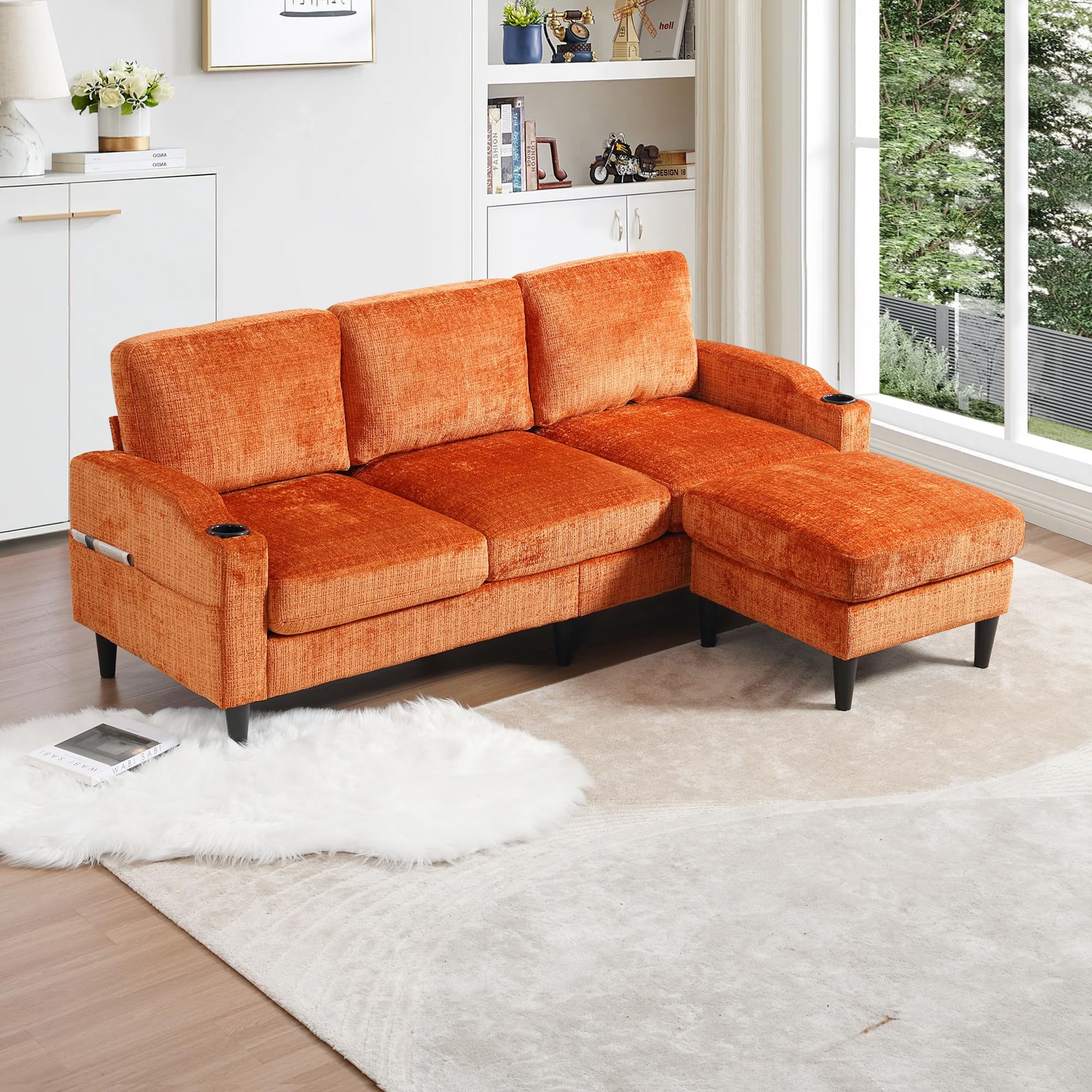 L-Shaped Sectional Sofa, Convertible Sectional Deep Seat Couch with Storage Ottoman, Chenille Fabric Upholstered Recliner Sofa 3 Seater Sofa with Cup Holders for Living Room, Orange