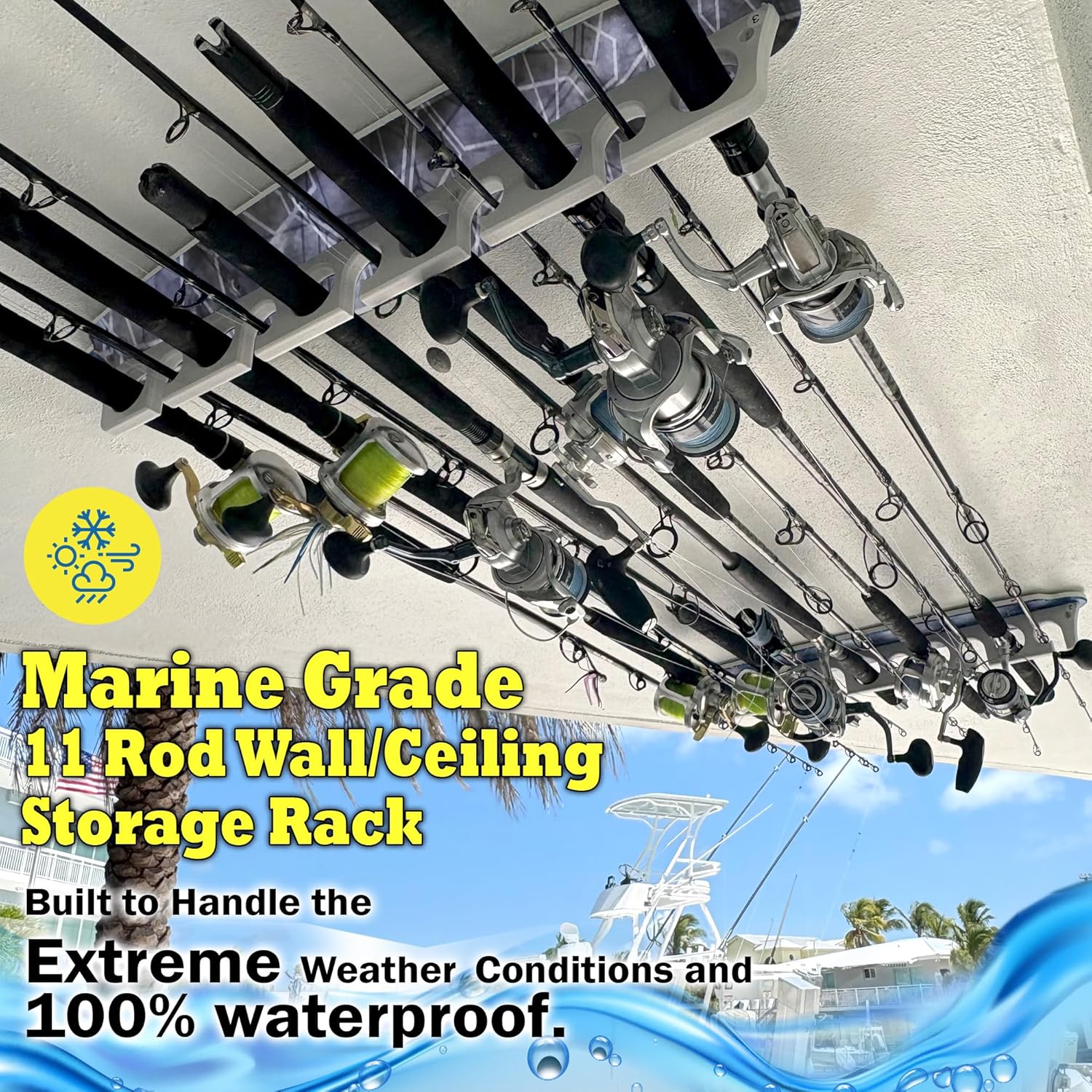 Rush Creek Creations Reel Salty Waterproof Offshore/Inshore Fishing Rod Holder for 11 Saltwater Poles + Gear & Accessories Perfect for Garage & Wall Storage