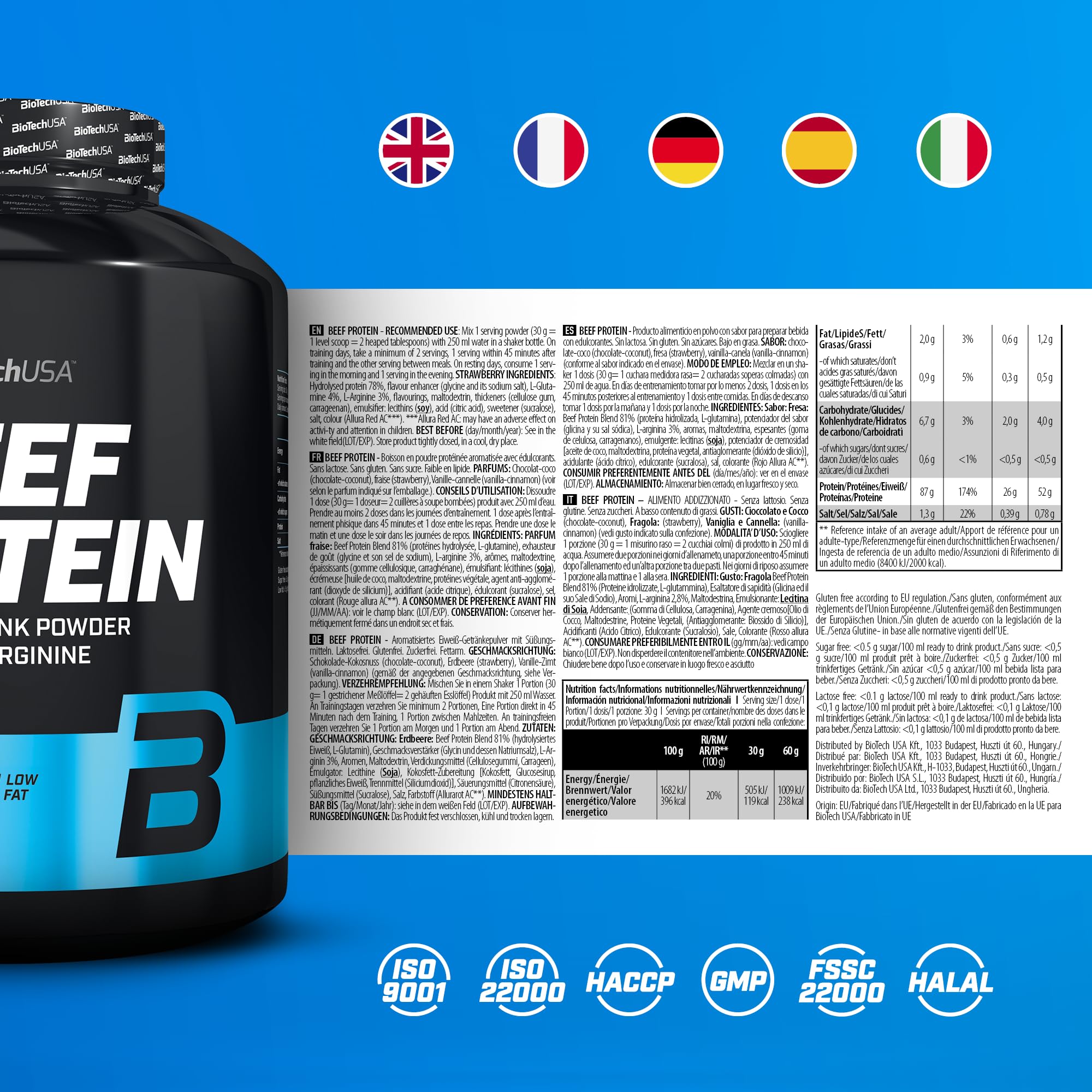BioTechUSA Beef Protein, formula con peptidi di proteine idrolizzate all'87%, senza lattosio e senza glutine, a basso contenuto di grassi e senza zucchero, 1816 g, Fragola