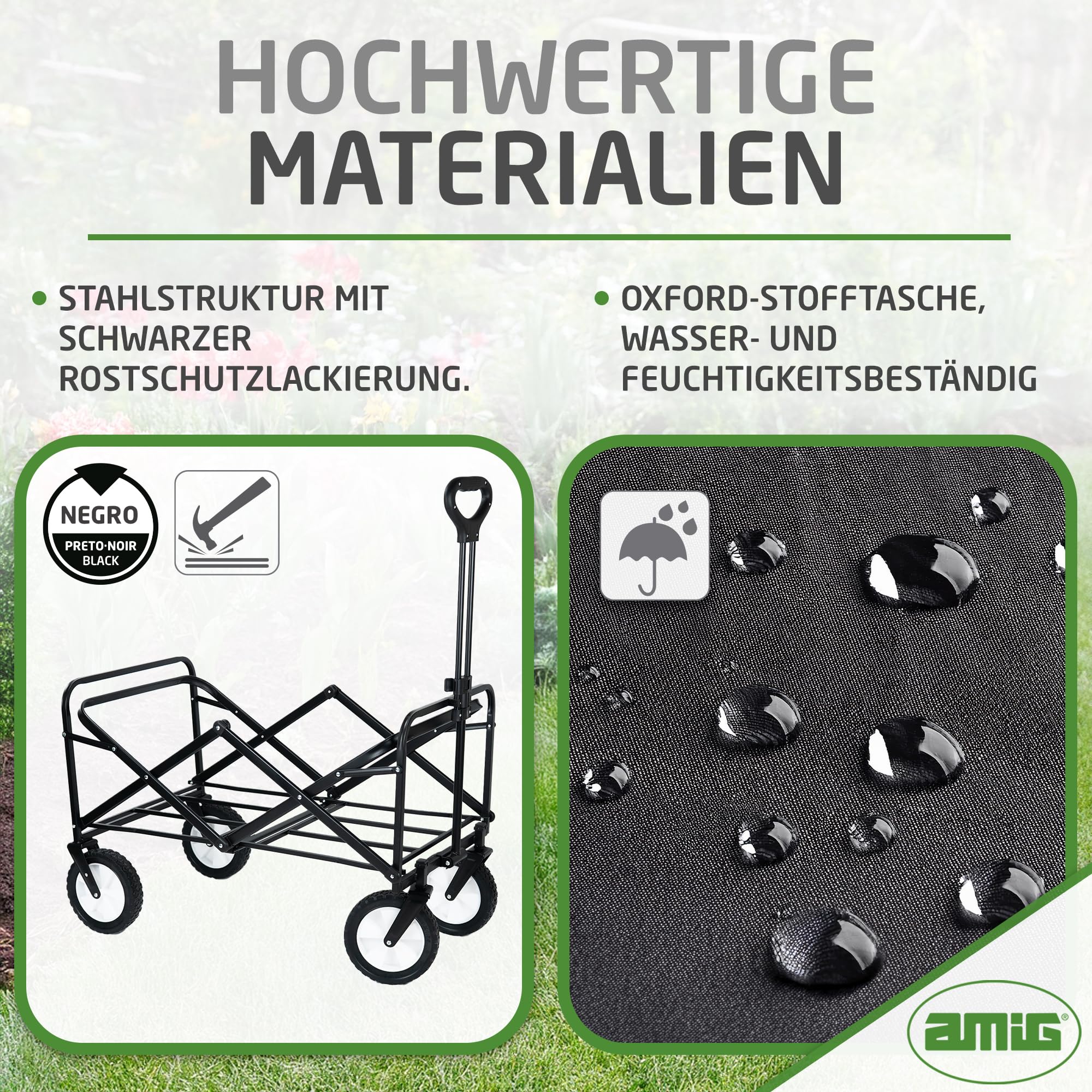 Amig - Faltbarer Gartenwagen Strandwagen mit wasserdichtem Oxford-Gewebe Farbe Schwarz 20 cm Durchmesser 360º Räder Maximale Tragkraft 100 kg