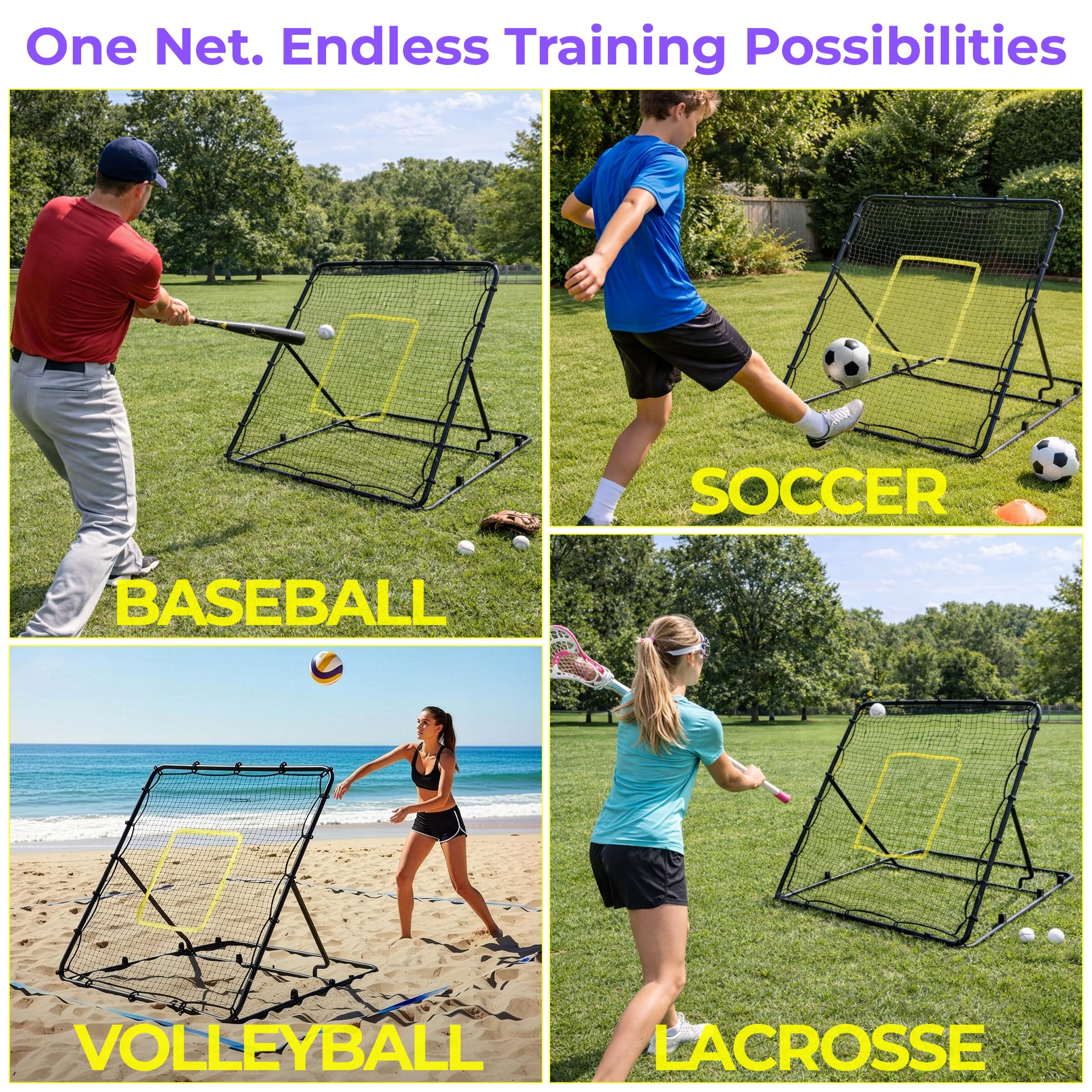 Condition photo showing New/Like New for baseball rebounder net 4 x 4.5 ft, pitch back net with 3 adjustable angles, heavy-duty steel frame, 36-ply net, stable training net for baseball, volleyball, softball fielding practice