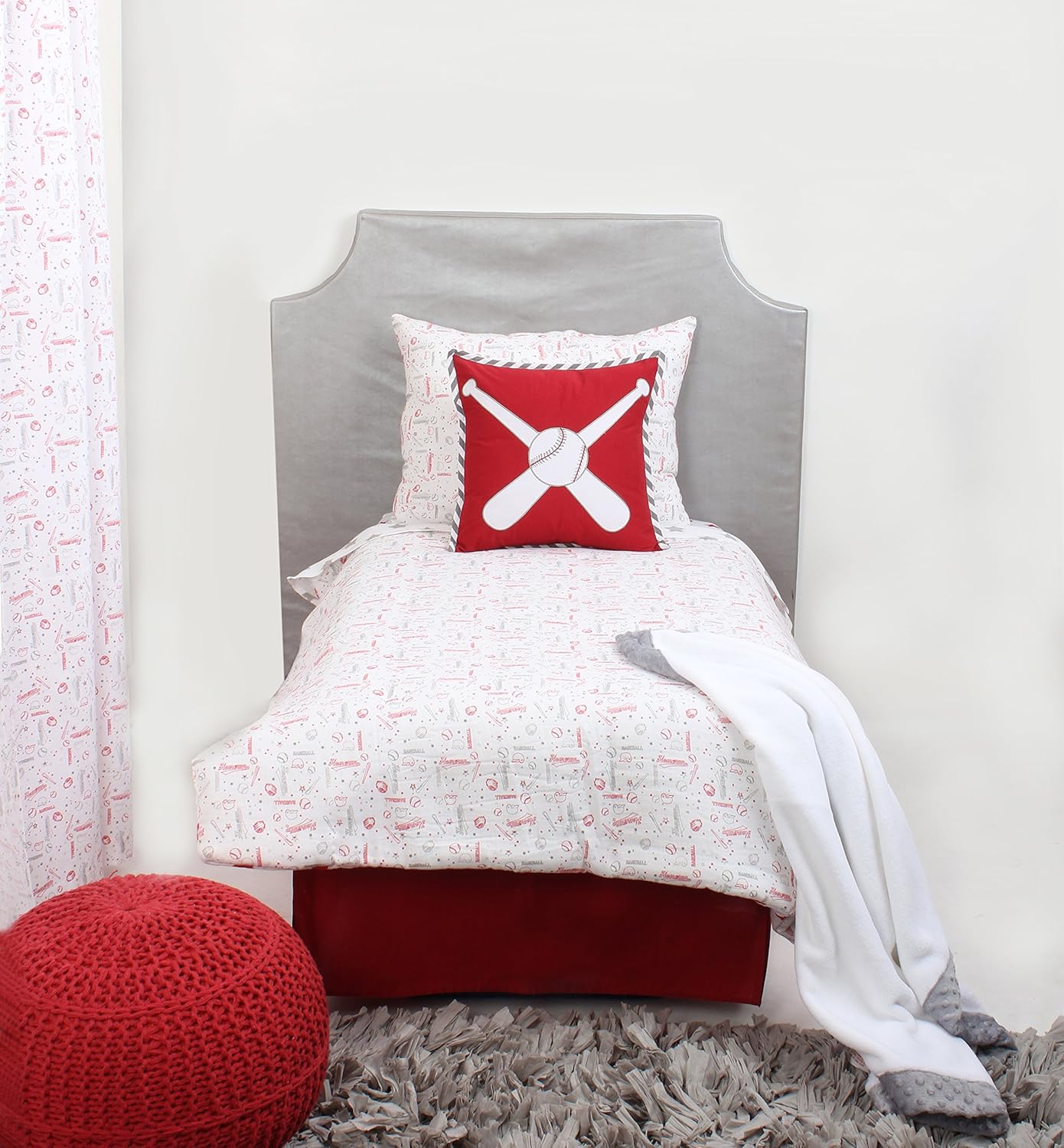 Bacati - Muslin Sports 4 Piece Boys Toddler Bedding Set 100 Percent Cotton Includes Reversible Comforter, Fitted Sheet, Top Sheet, and Pillow Case (4 pc Toddler Bedding Set, Baseball Red/Grey) : Baby