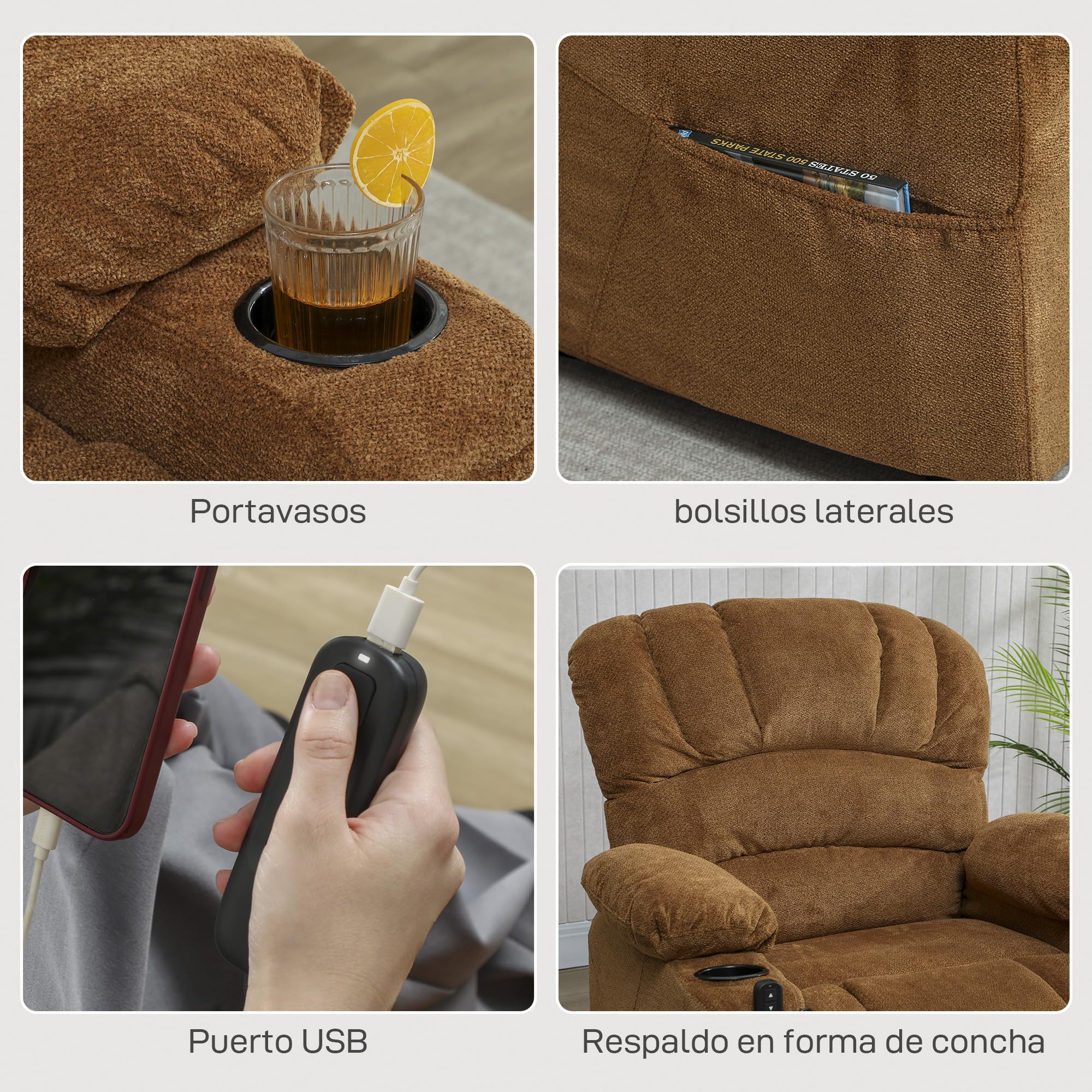 HOMCOM Sillón Relax Reclinable Eléctrico, Sillón Reclinable Silencioso de Terciopelo con Función Memoria, Reposapiés, Mando a Distancia, Bolsillos, Puerto USB, Portavasos, Respaldo Concha, Marrón