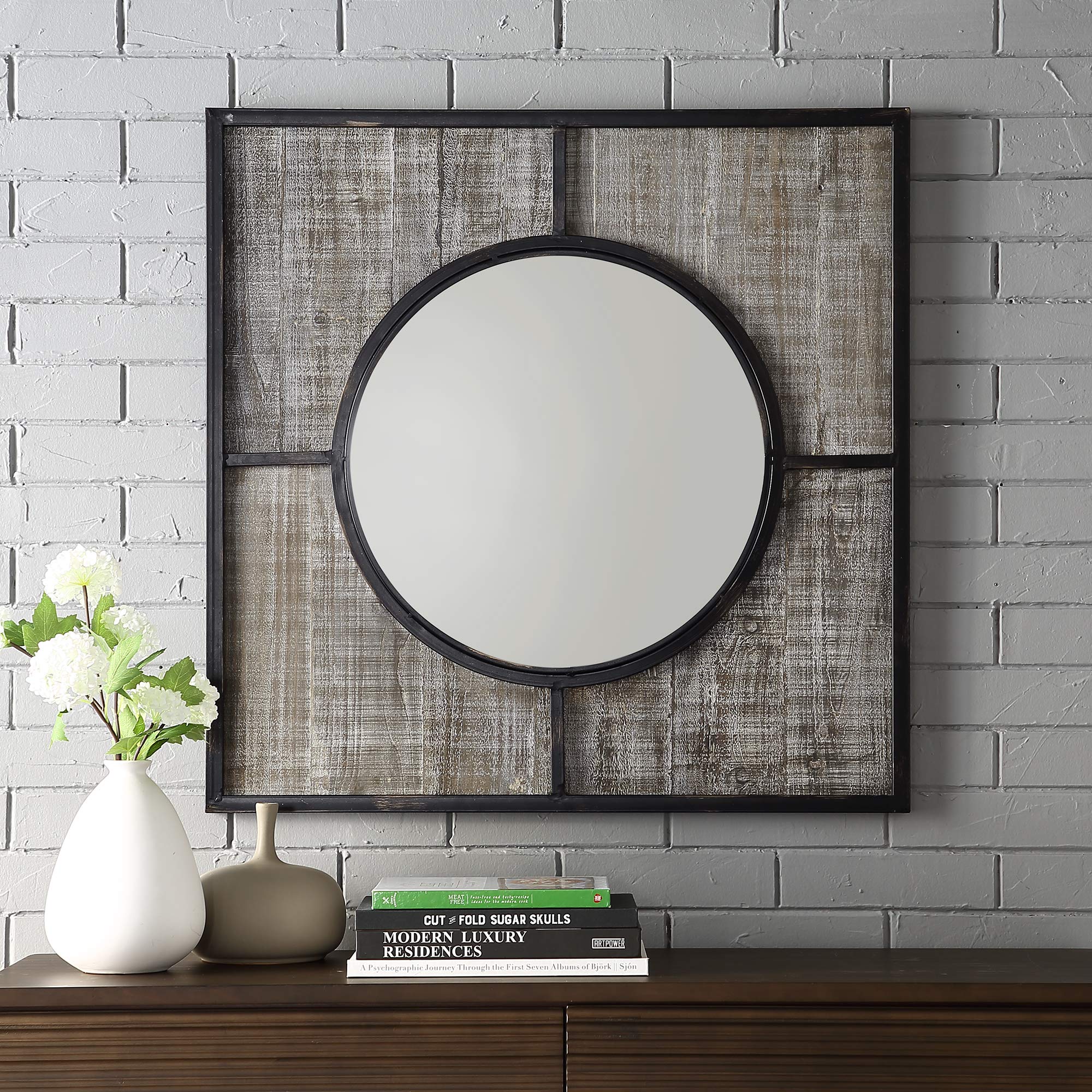 Walker Edison Rustic Farmhouse Large Metal and Wood Square Round Mirror Vanity Bathroom Bedroom Entryway, 32 Inch, Reclaimed Wood