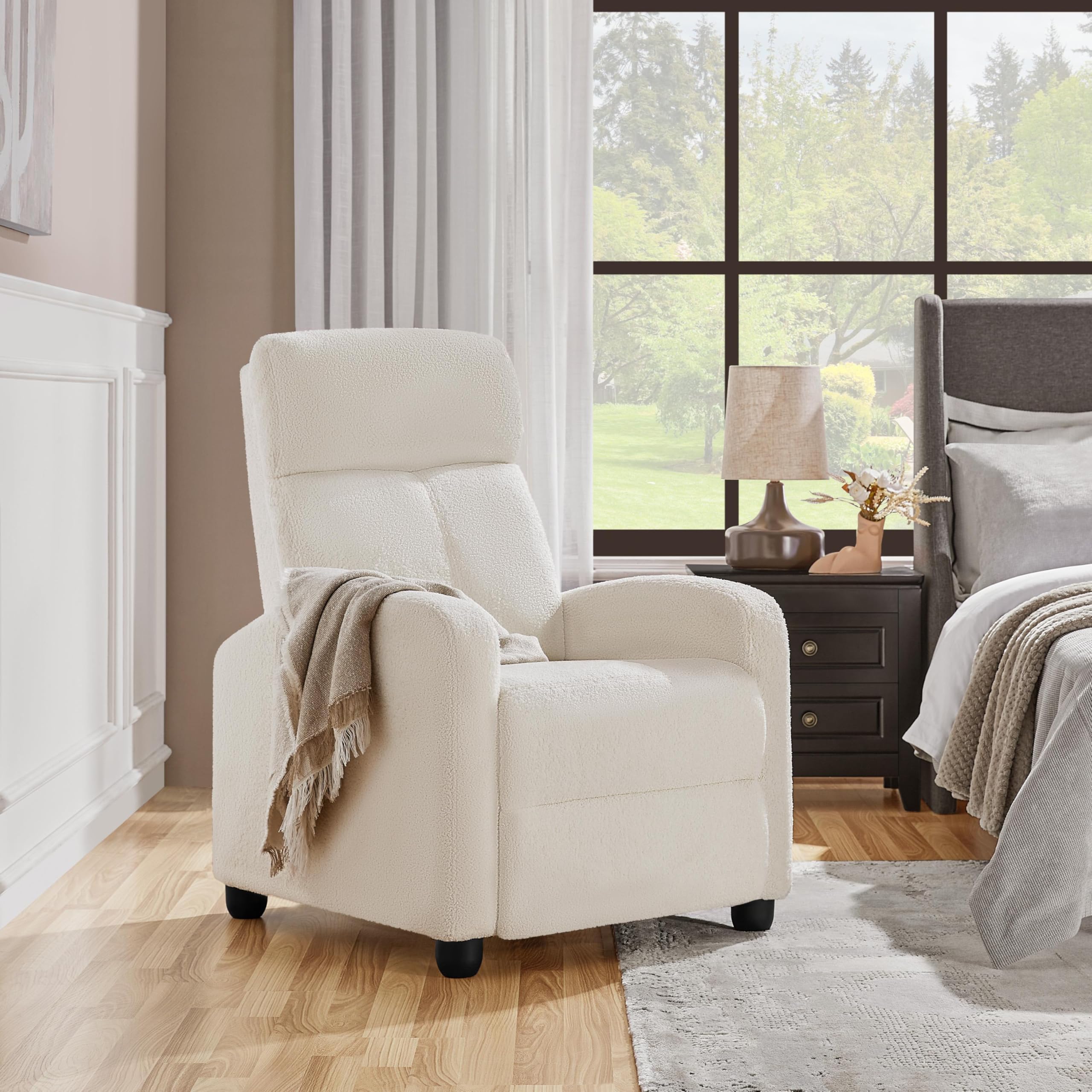Yaheetech Fauteuil de Relaxation Petit Canapé Inclinable en Tissu Bouclette Doux en 3 Positions 1 Place avec Repose Pied/Chambre à Coucher/Home Cinéma/Salon Ivoire