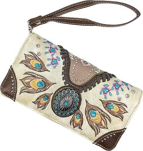 Miniatura 2 de Zelris Turquesa Concho Peacock Feather Mujeres Crossbody Muñeca Trifold Wallet