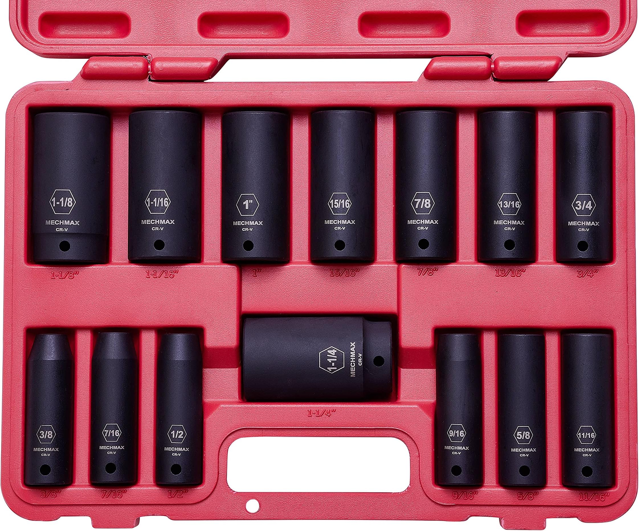 14 Piece MECHMAX Heavy Duty Deep Impact Socket Set 1/2 Inch Drive Standard Sizes, 3/8-1-1/4 Inch Chrome Vanadium Steel Thick Wall Design for High Torque Wrenches & Lug Nuts