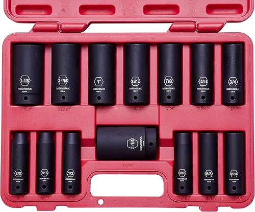 MECHMAX - Juego de 14 llaves de vaso de impacto profundo resistentes de 1/2 pulgada, tamaños estándar, 3/8-1-1-1/4 pulgadas, diseño de pared gruesa
