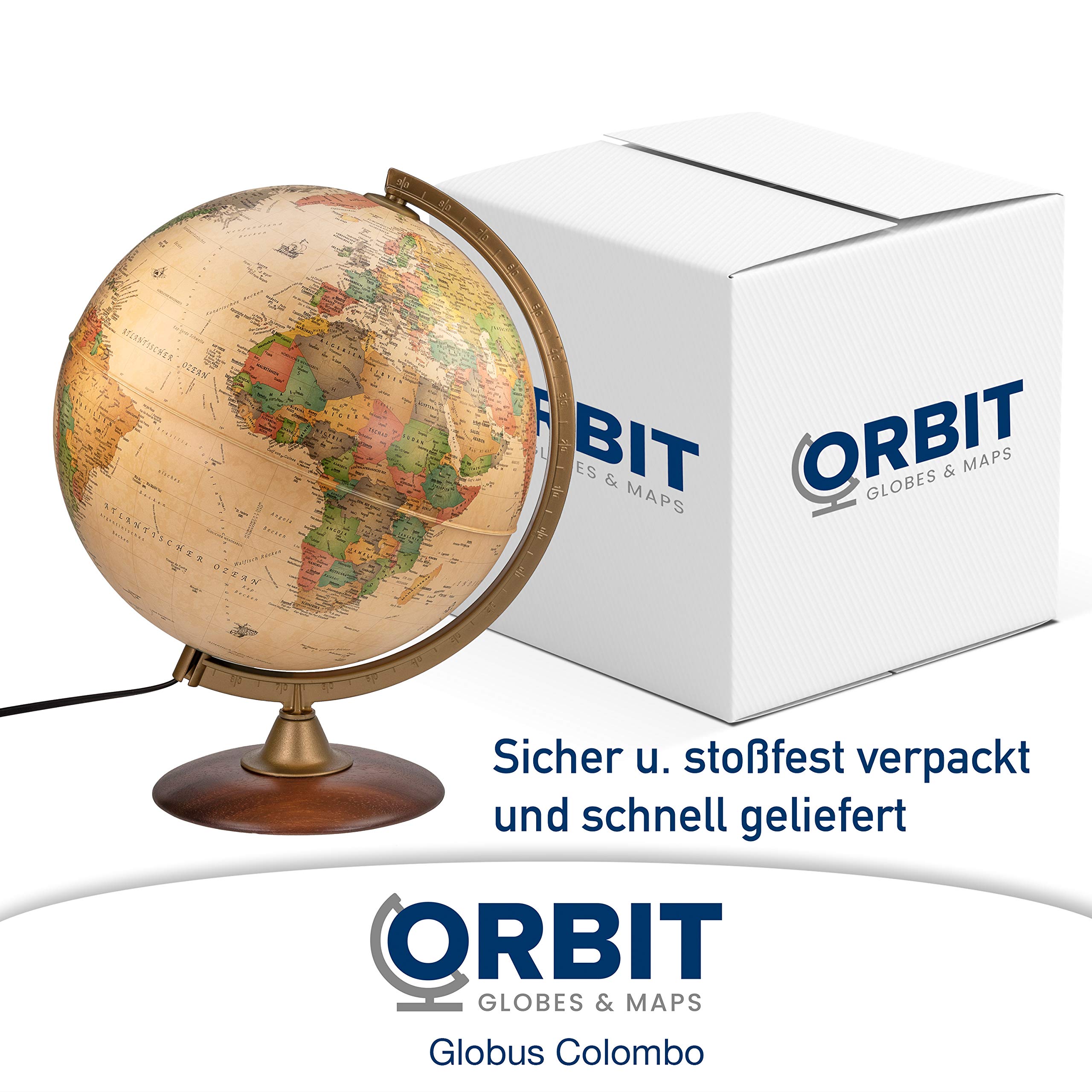 ORBIT Globes & Maps - Retro Leuchtglobus im antiken Stil - 30cm Vintage-Globus mit stabilem Standfuß, Kartenbild 2026 politisch mit LED Leuchte, aktuelles deutsches Kartenbild