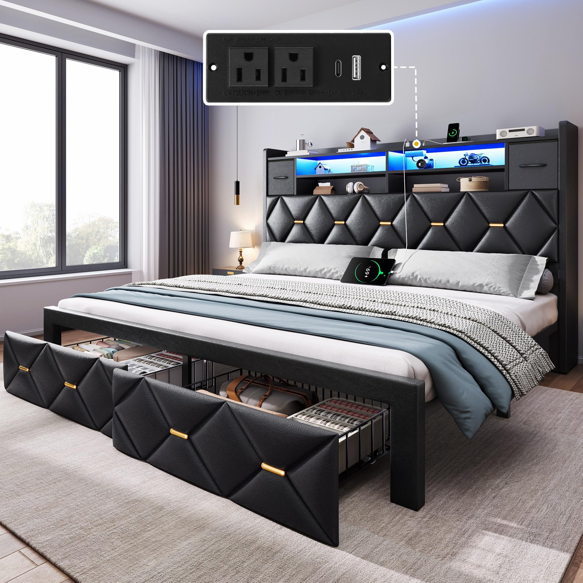 Photo 1 of **MISSING 2 BOXES AND HARDWARE**YITAHOME King Size Bed Frame with 2 Storage Drawers and Storage Headboard, Upholstered Platform with Charging Station and LED Light, No Box Spring Needed, Noise Free, Easy Assembly, PU Leather Black