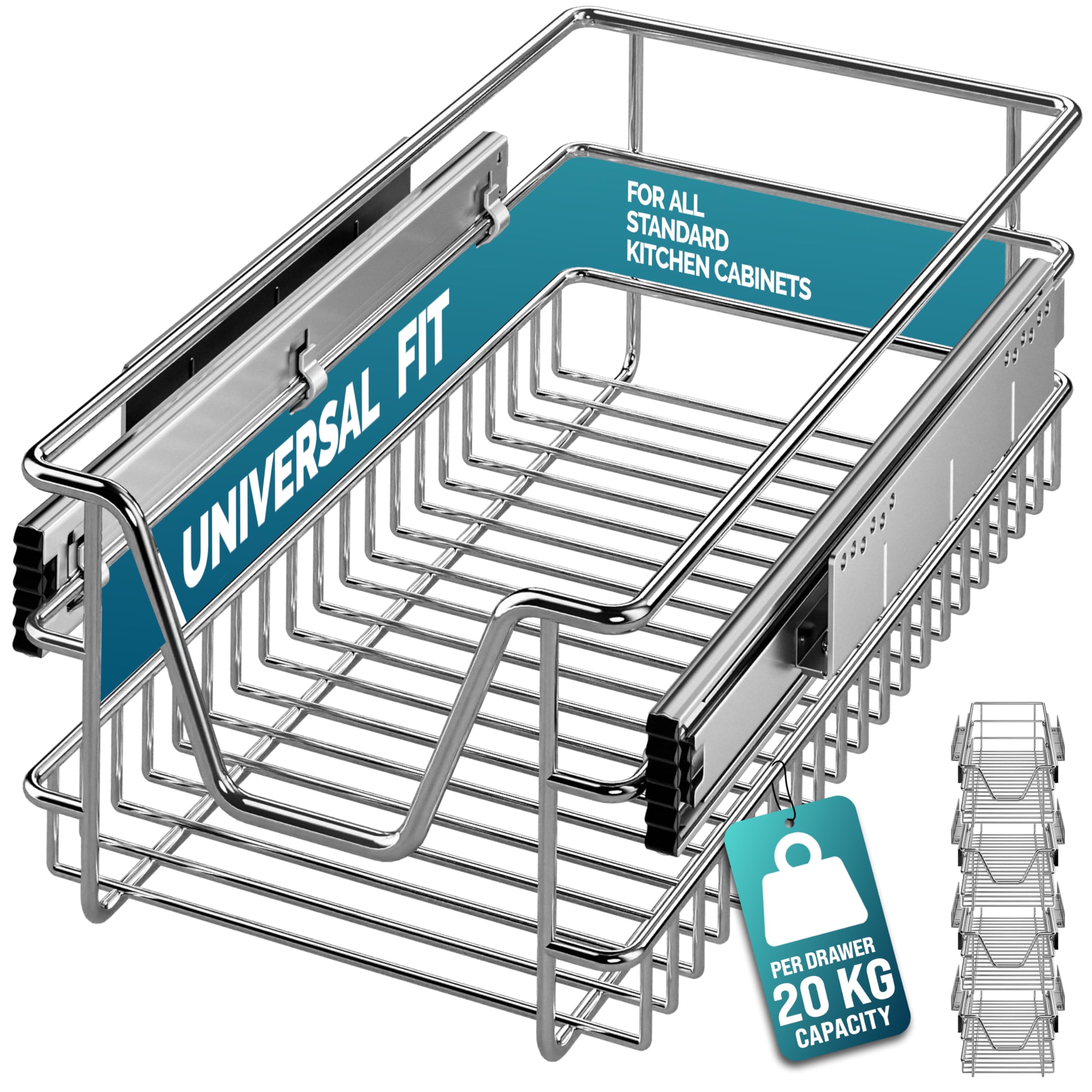 CASARIA® 4x Pull Out Telescopic Kitchen Drawer | For 30cm Units - 26cm Internal Cabinet Dimensions | Chrome-Plated | 20kg Load Capacity | Basket Shelf Organiser Storage Space Saving