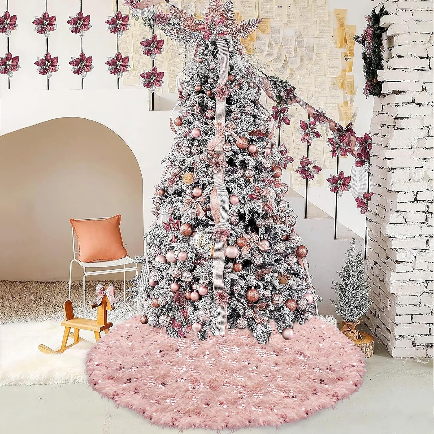 Blush Pink Christmas Tree Skirt, 48 inches Large Faux Fur Pink Candy Christmas Decorations Ornaments with Sequins, Fluffy Furry Xmas Tree Rug for Fall Wedding Winter Xmas Decor