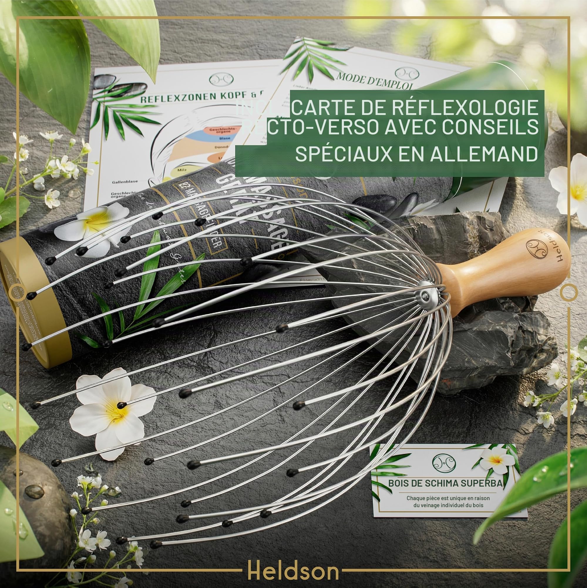 HELDSON® FSC® 100% Massage Tête Araignée - Masseur de Tête et Cheveux - Grattoir du Cuir Chevelu - Cadeau Bien-être