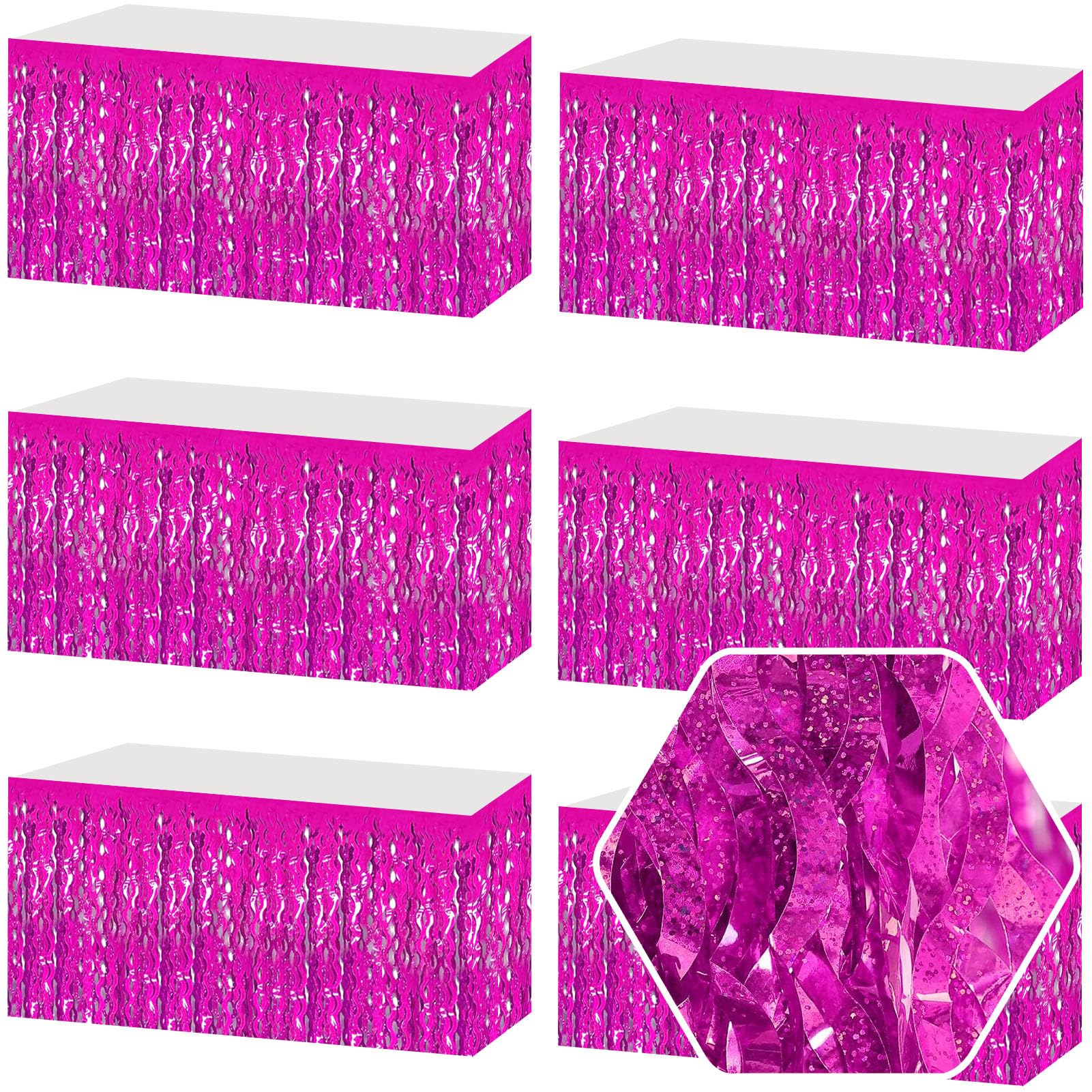 6Pack 29 x108 Inch Rose Red Wave Foil Fringe Table Skirts Metallic Banner for Tinsel Streamer Garland Backdrop for Parade Floats, Mother's Day, Easter, Graduate, Birthday, Wedding Party Decoration