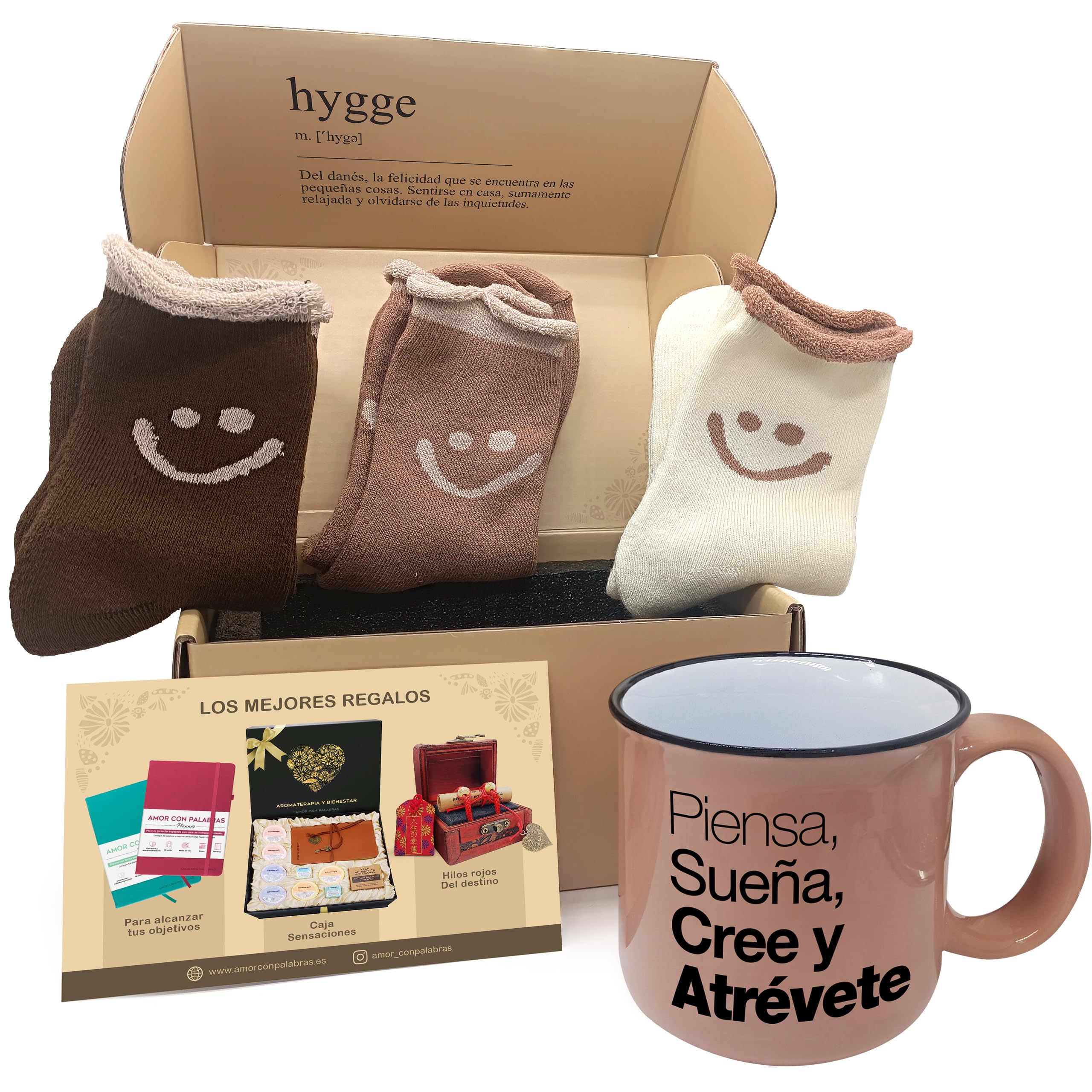 Set de Regalos Originales para Mujer con Calcetines Calentitos y con Carita Feliz y Taza Inspiradora " Piensa, Sueña, Cree y Atrévete " - Perfecto Regalo Cumpleaños Mujer y otras ocasiones
