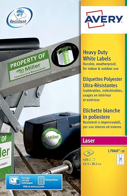 Avery L7060-20 (63.5 x 38.1mm) Extra-Strong Adhesive Heavy Duty Weatherproof Labels, 21 Labels Per A4 Sheet, White