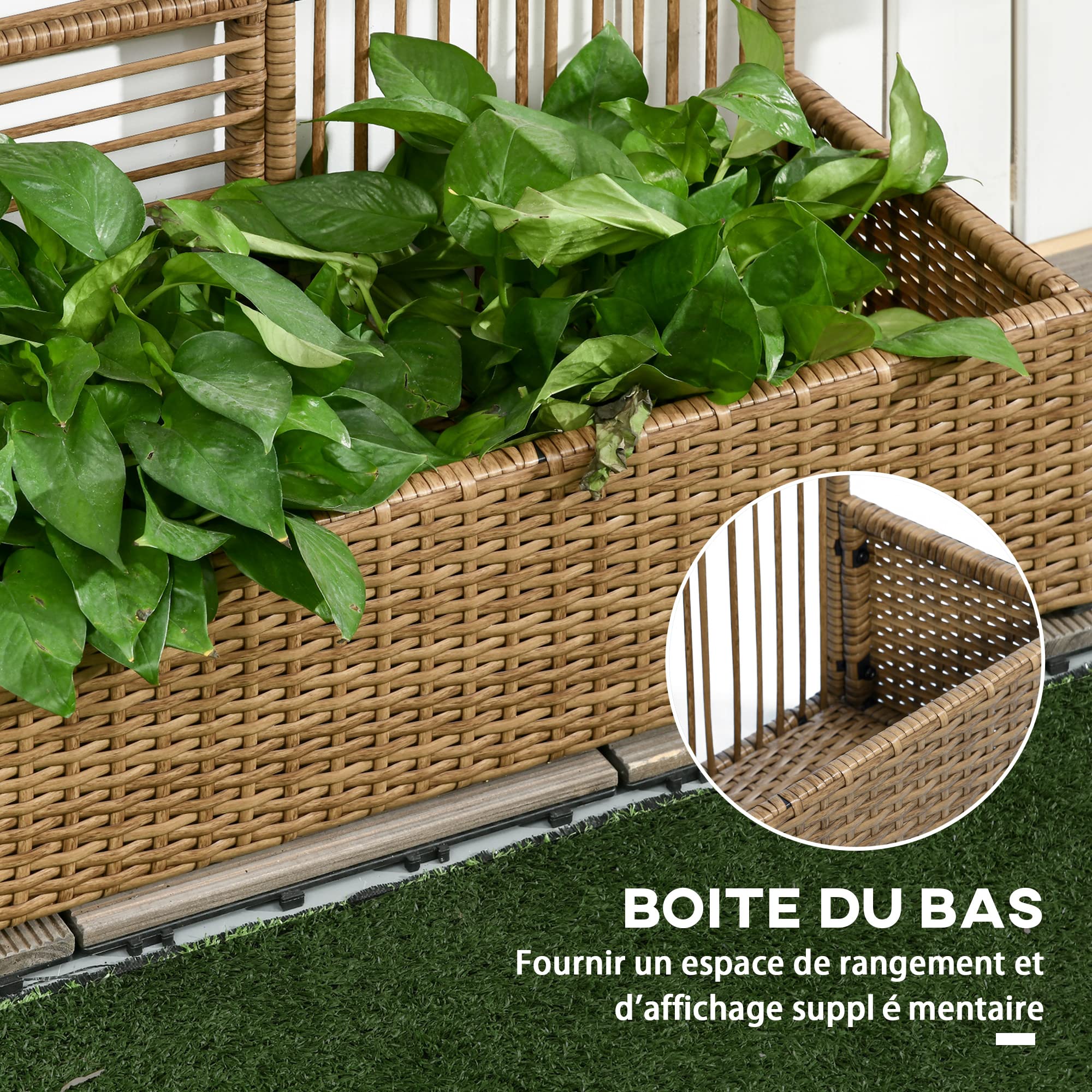 Outsunny Jardinière avec Treillis jardinière sur Pied Support pour Plantes avec Treillis bac à Fleurs rectangulaire en résine tressée PE et Acier dim. 103L x 29l x 103H cm Marron