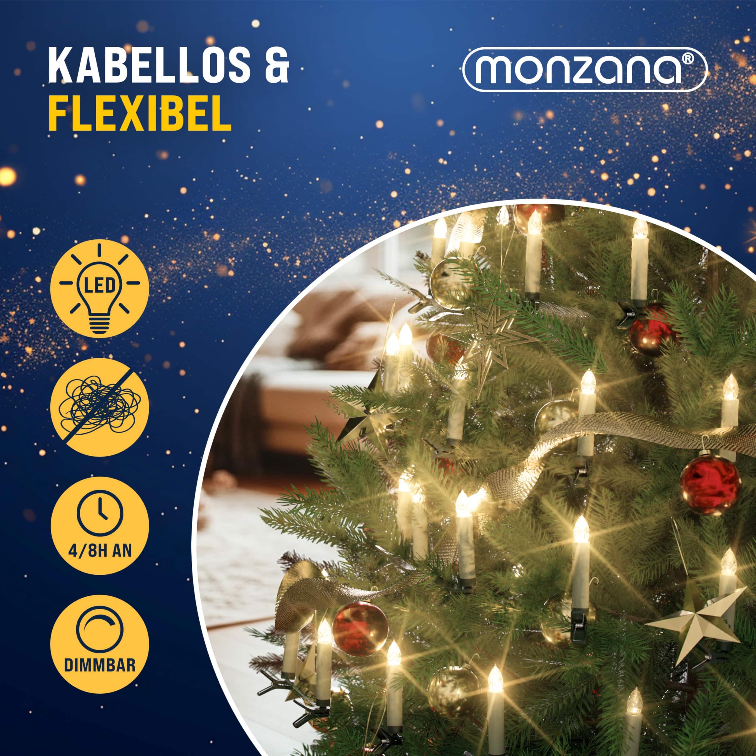 DEUBA® Weihnachtsbaumkerzen LED Kabellos 30er Set Batterie Timer Fernbedienung Echtwachs Optik Lichterkette Weihnachten Flackernd Warmweiß Christbaum