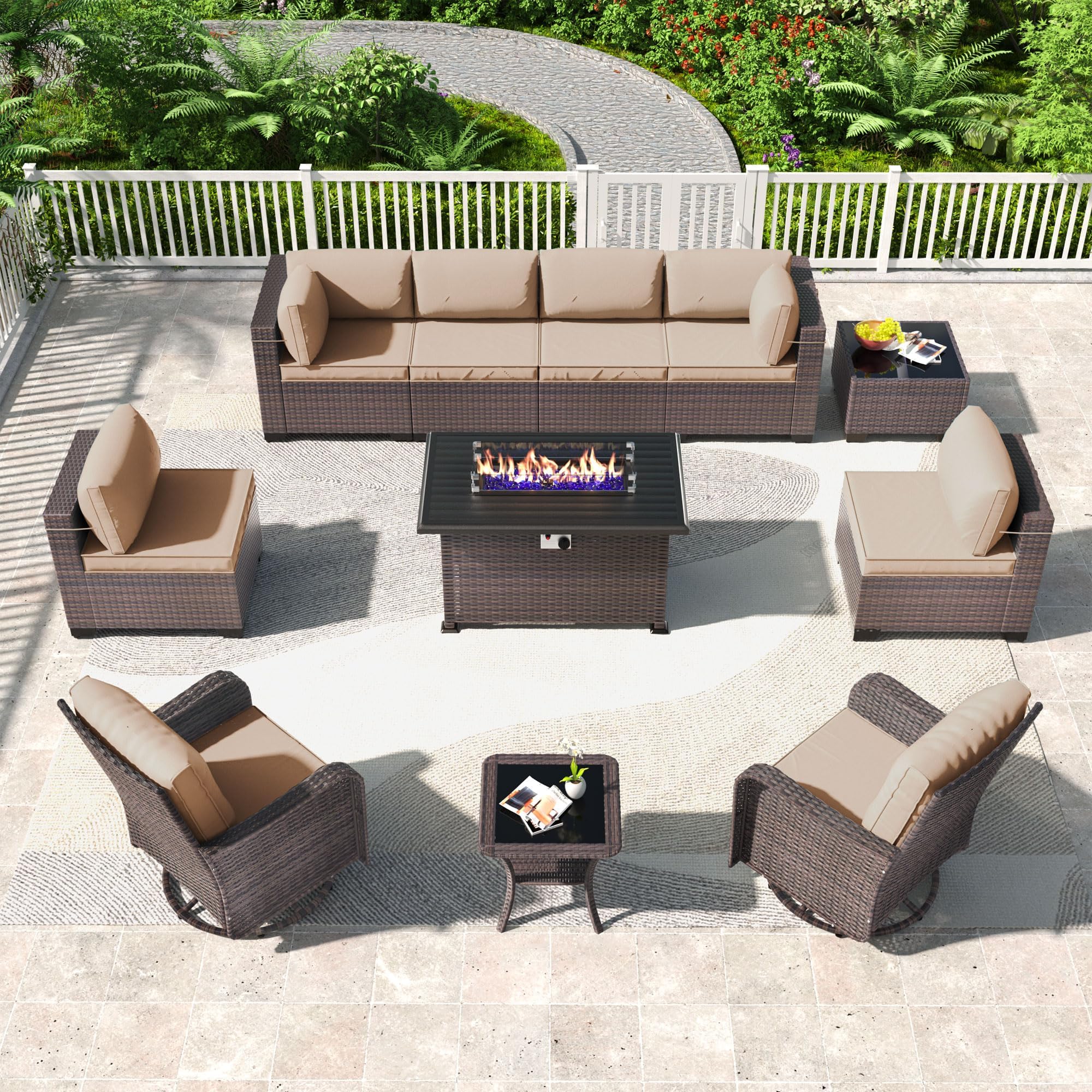 Kullavik 11PCS Outdoor Patio Furniture Set,PE Wicker Rattan Sectional Sofa Patio Conversation Sets with 43" 55000BTU Gas Propane Fire Pit Table,Swivel Rocking Chairs Set,Sand