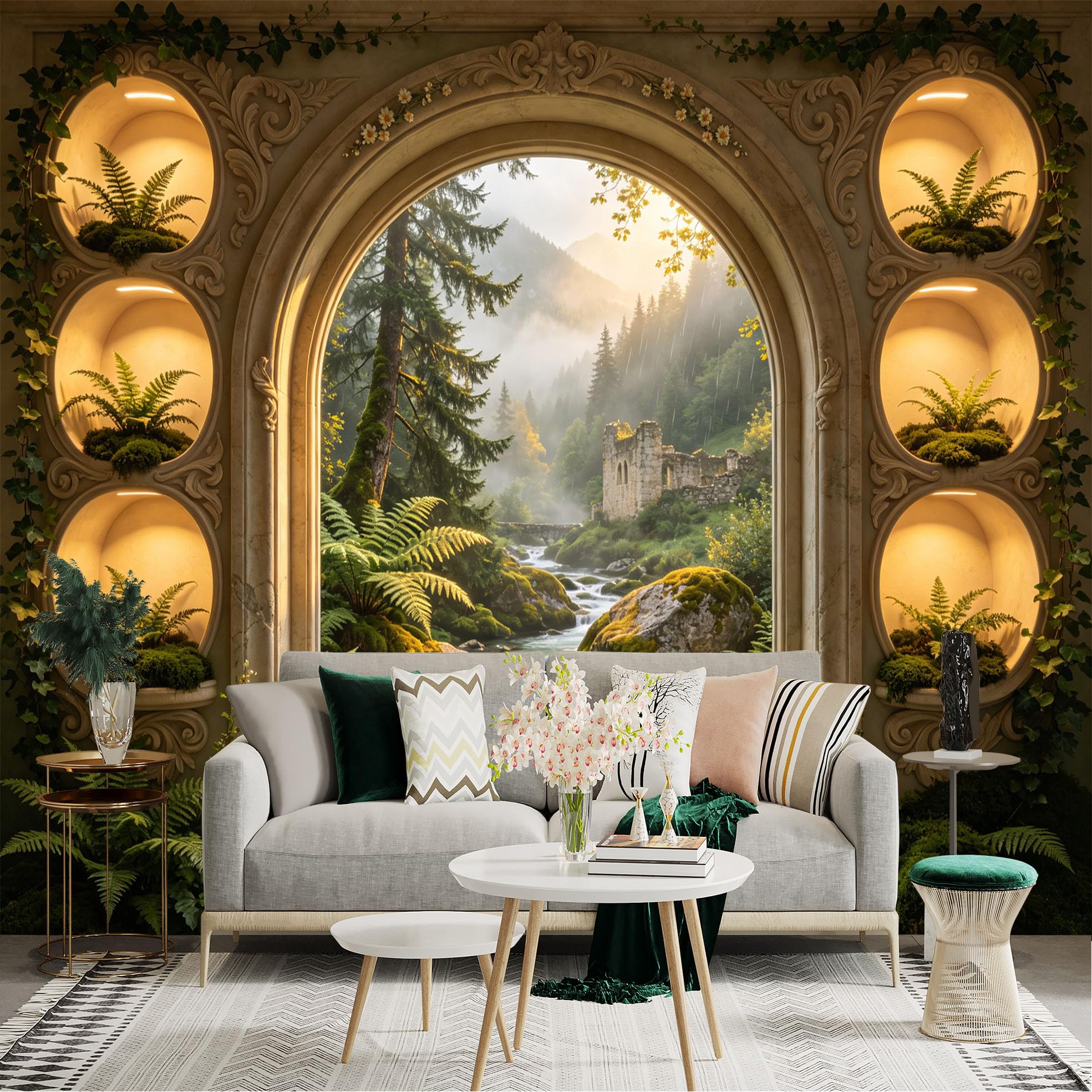 Lnzczhyre Dbh260521077 Custom Size Wall Sticker Mural， Ancient Stone Ruins， Misty Forest Stream， Lush Green Ferns， Peaceful Nature Landscape， For Wall Decoration， Peelandstick Wall Decals.