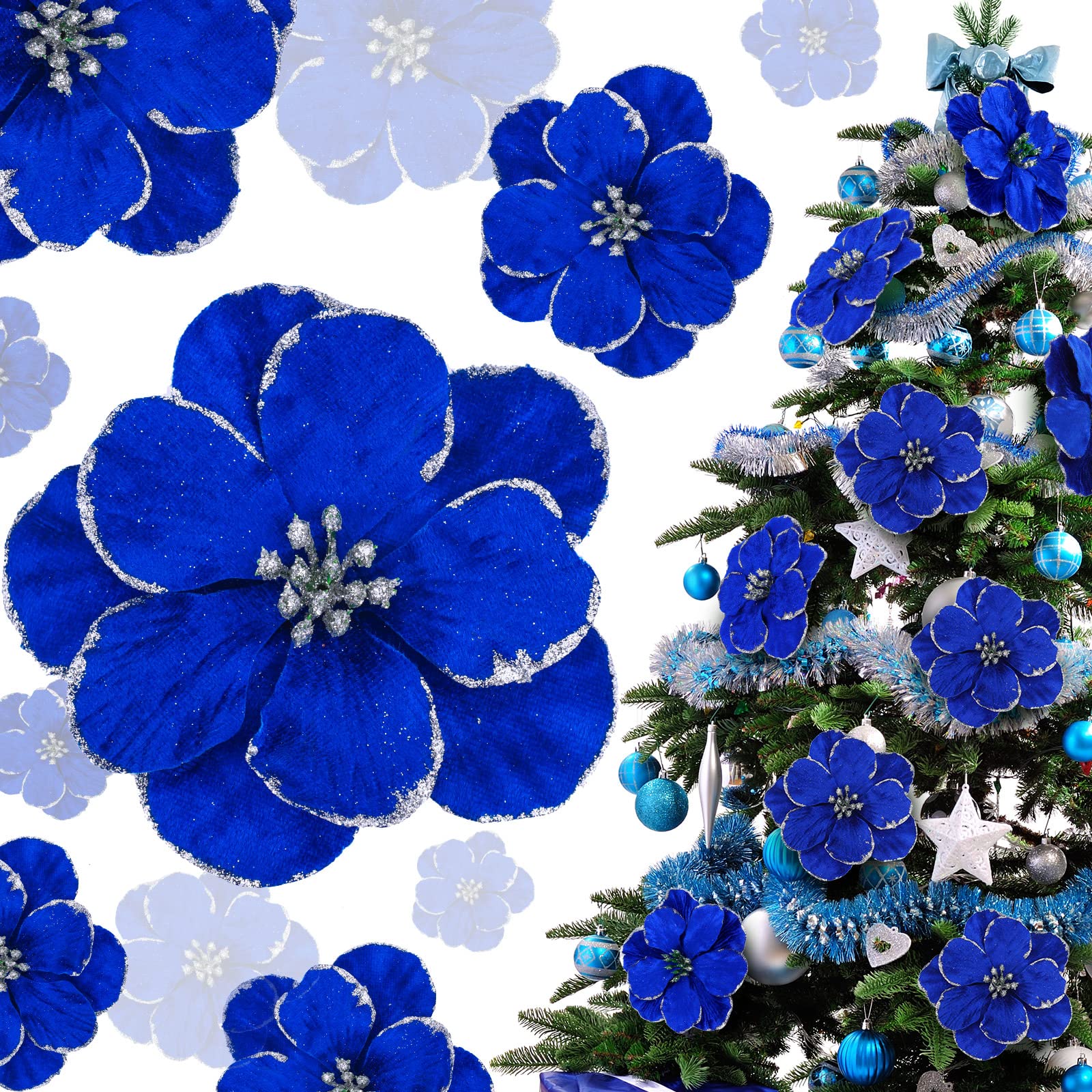 Photo 1 of 24 Pieces Christmas Poinsettia Flower Blue Velvet Magnolia Flowers Faux Christmas Flowers Glitter Poinsettia Christmas Decorations Decorative Magnolia Flower for Christmas Tree Wedding Decor Supplies