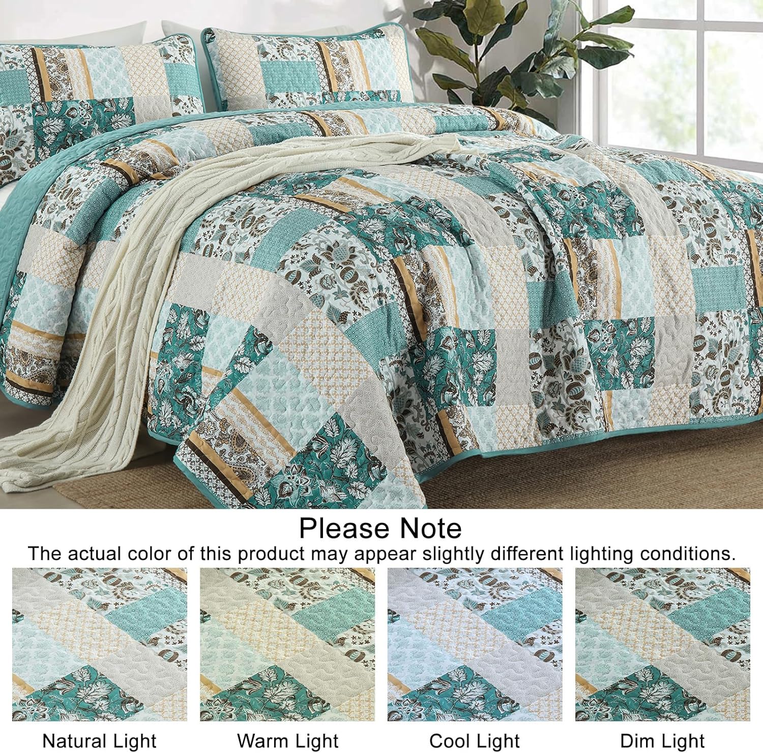 WONGS BEDDING Summer Quilt Set Queen Size 3 Pieces, Teal Patchwork Plaid Bedspread Coverlet Set, Floral Soft Lightweight Microfiber Bedding Set for All Season(96"×90“) - Image 5