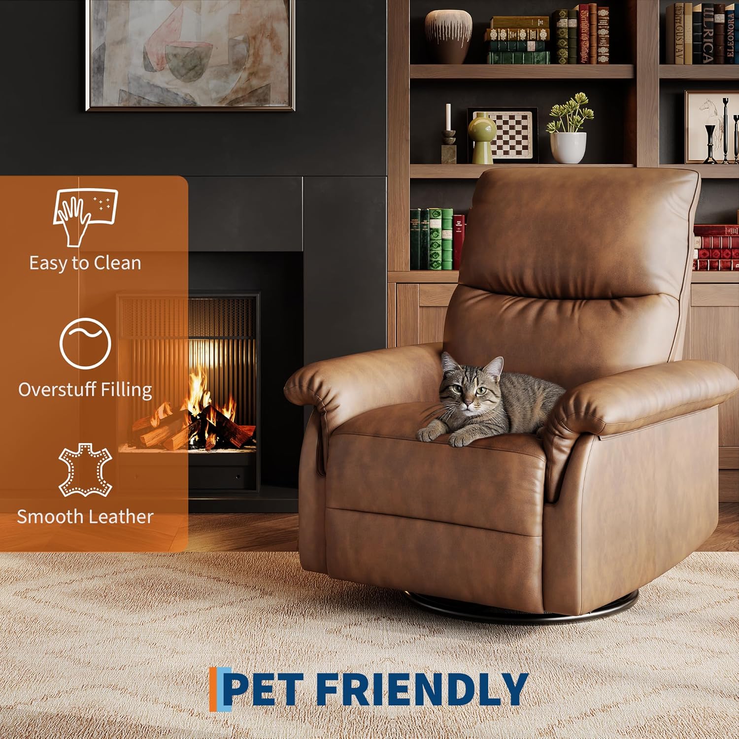IDEALHOUSE Manual Recliner Chair, 360° Swivel Rocker Glider Recliner with Padded Armrests, Modern PU Leather Upholstered Reclining Chair for Living Room Bedroom and Nursery (Orange)
