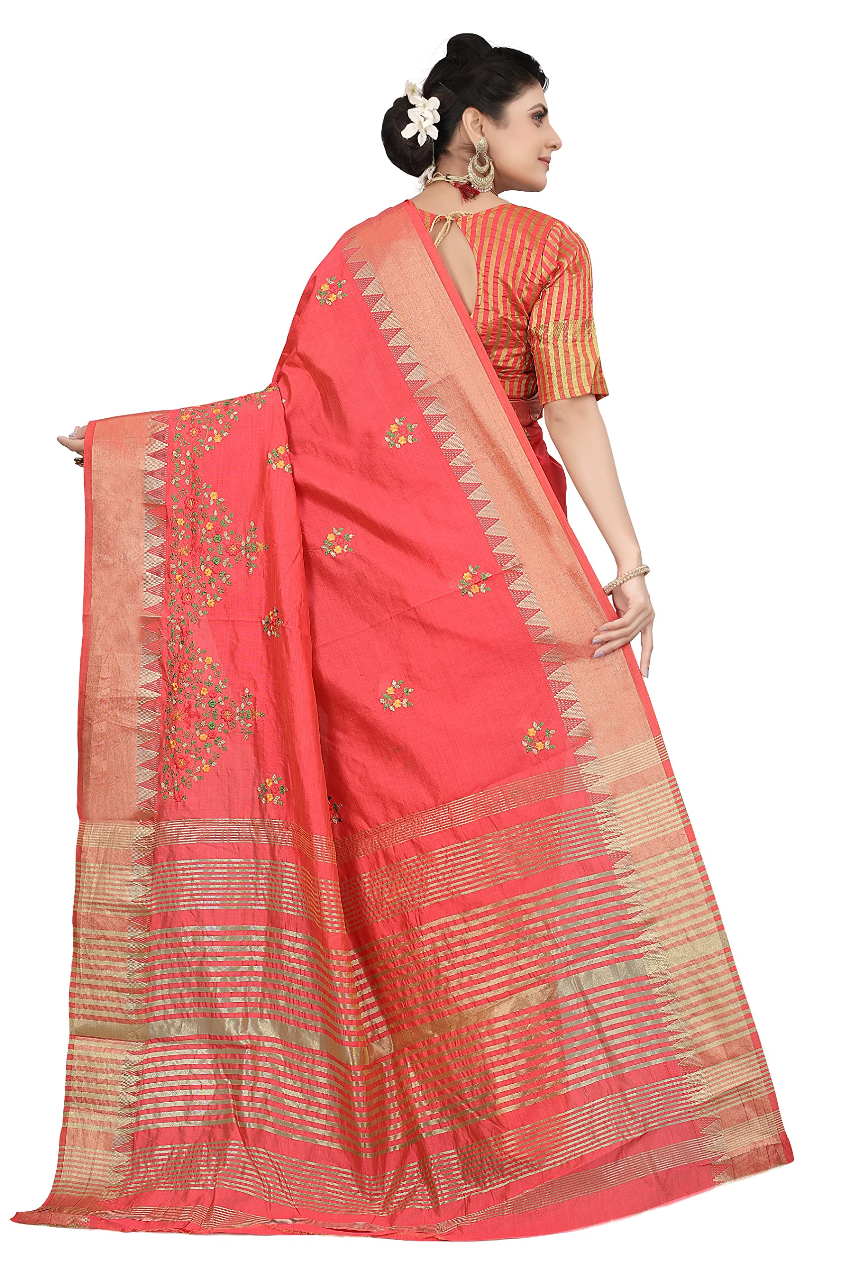 SERONA FABRICS Women's Assam Cotton Silk With Golden Border Thread Embroidered Work Saree With Blouse Piece - Image 3 thumbnail