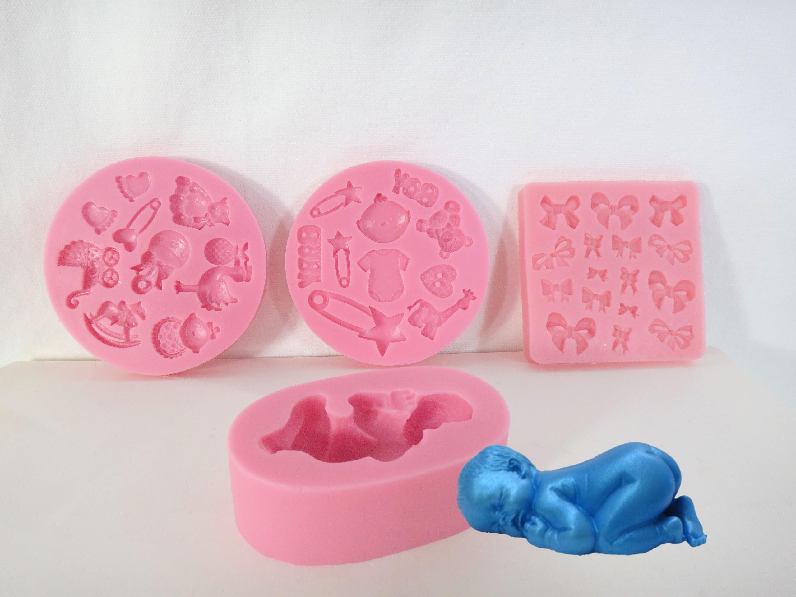 4 pc Silicone 3D baby mold, baby items, mini bows for fondent DIY decorating cupcakes cakes Baby Shower