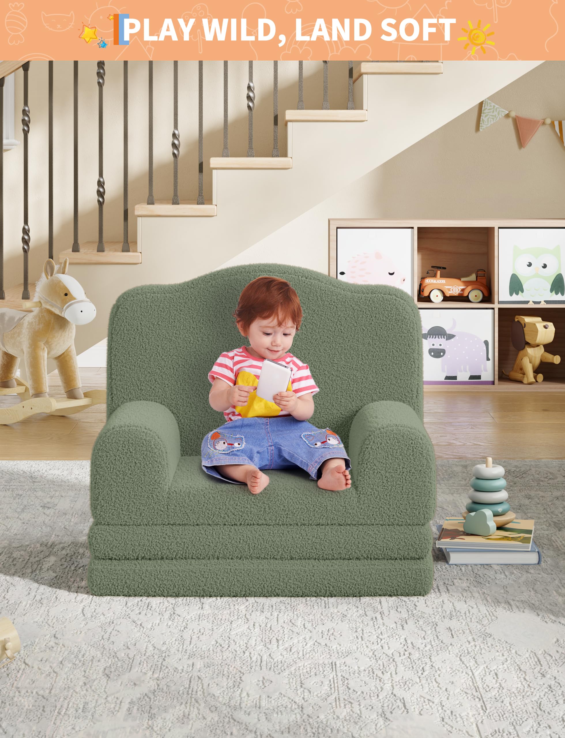 IDEALHOUSE Sofa dziecięca 2 w 1, składana i używana jako fotel, zielona