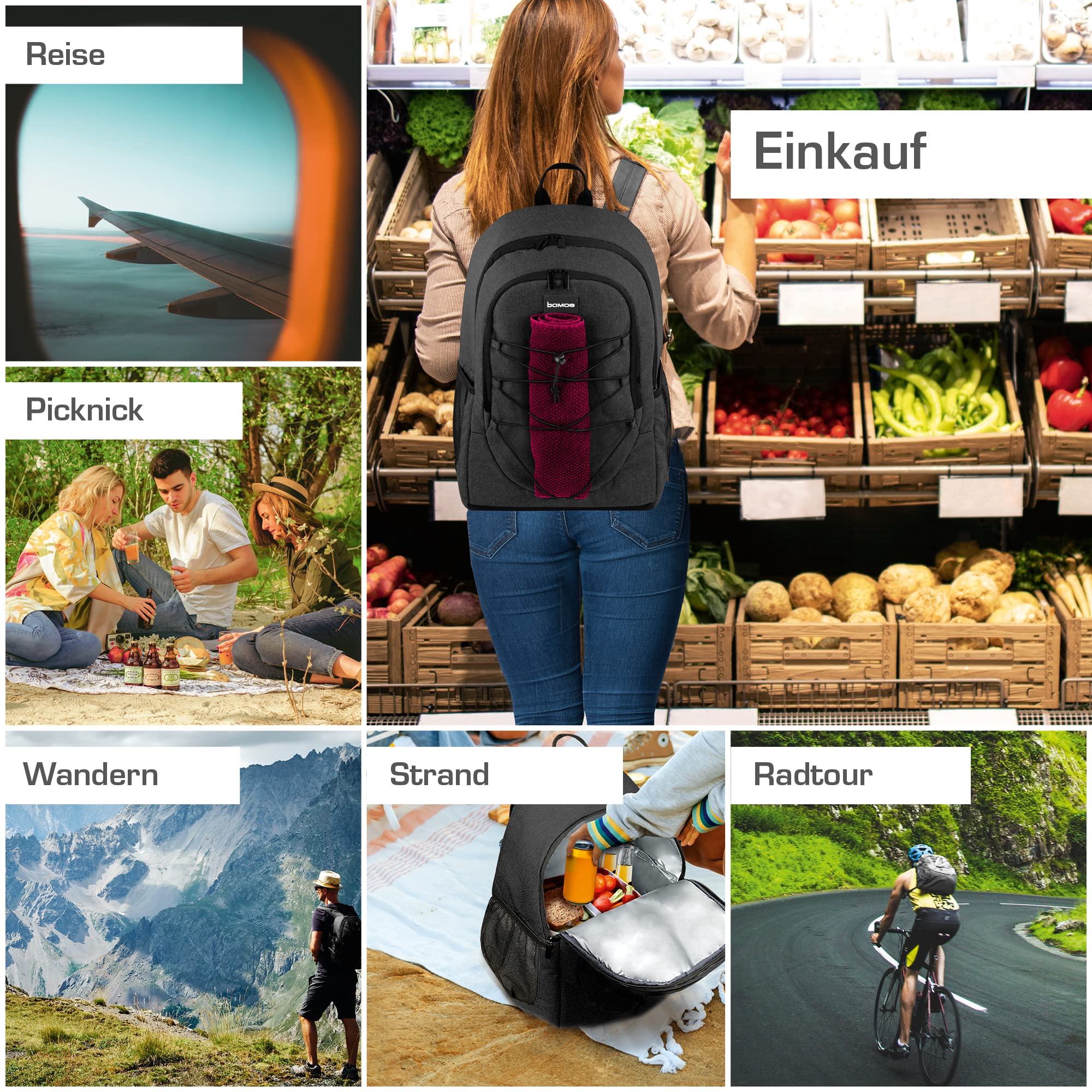 bomoe Kühlrucksack 25l/35l - Outdoor Rucksack mit 16h Kühlfunktion - Strandrucksack mit vielen Taschen zum verstauen - Kühltasche Rucksack isoliert - Kühltaschenrucksack in Anthrazit oder Grau