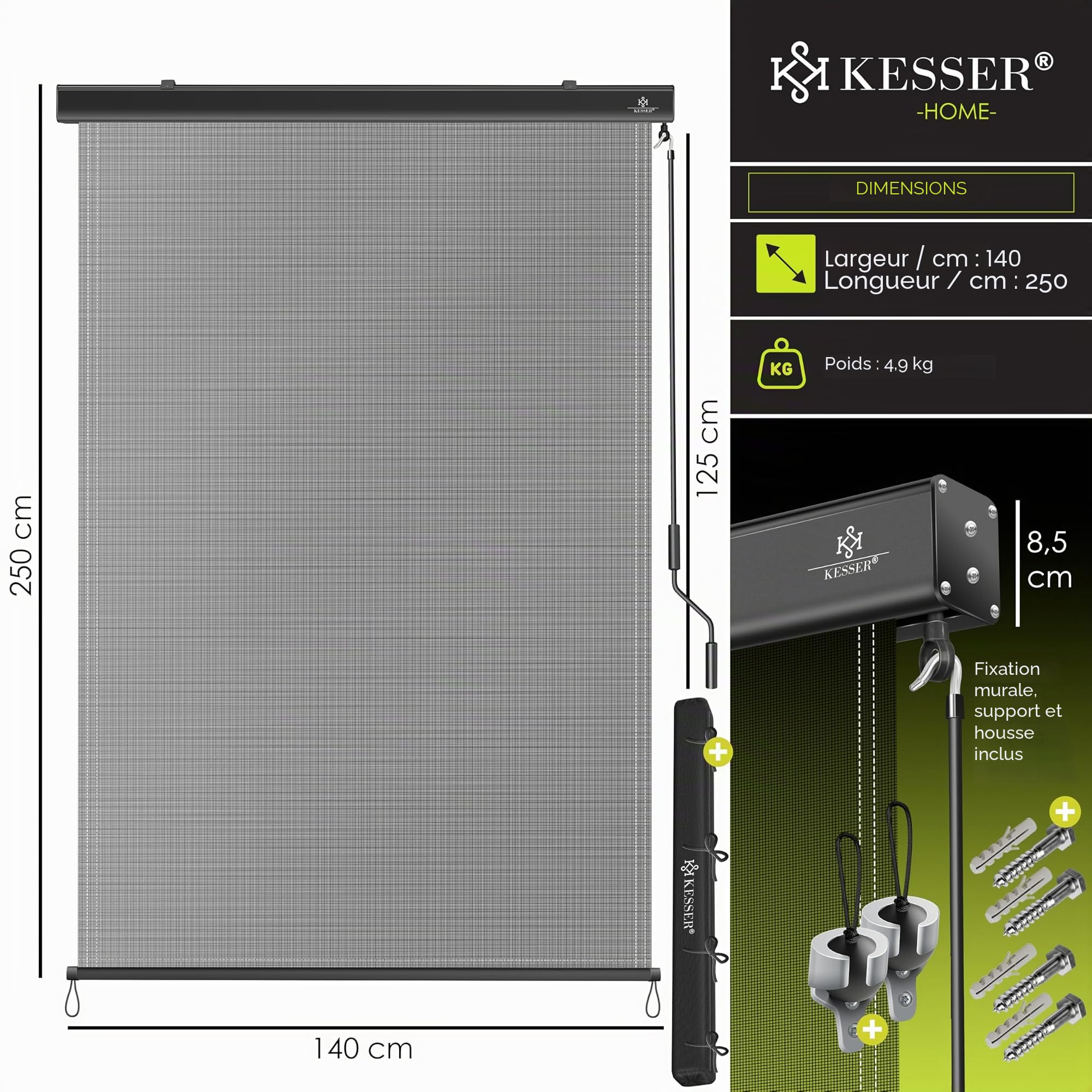 KESSER® store vertical 140 x 250 cm - Mécanisme à manivelle - Balcon - Protection solaire et brise-vue - Manivelle - Caisson pour balcon et terrasse - Kit de