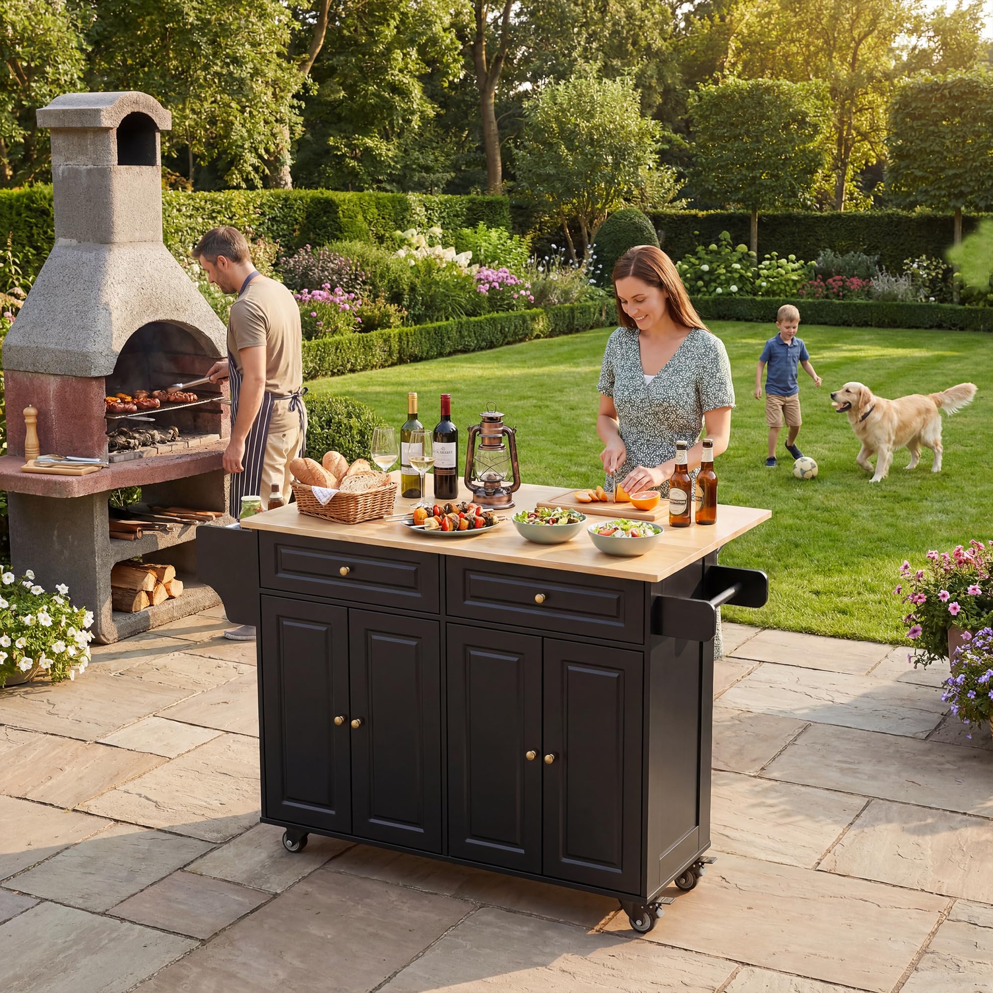 Xbro Carrello da Cucina Mobile con Ruote, Piano Pieghevole, Credenza 2 Cassetti 4 Ante, Salvaspazio con Portaspezie Portaasciugamani, 145x75x90 cm