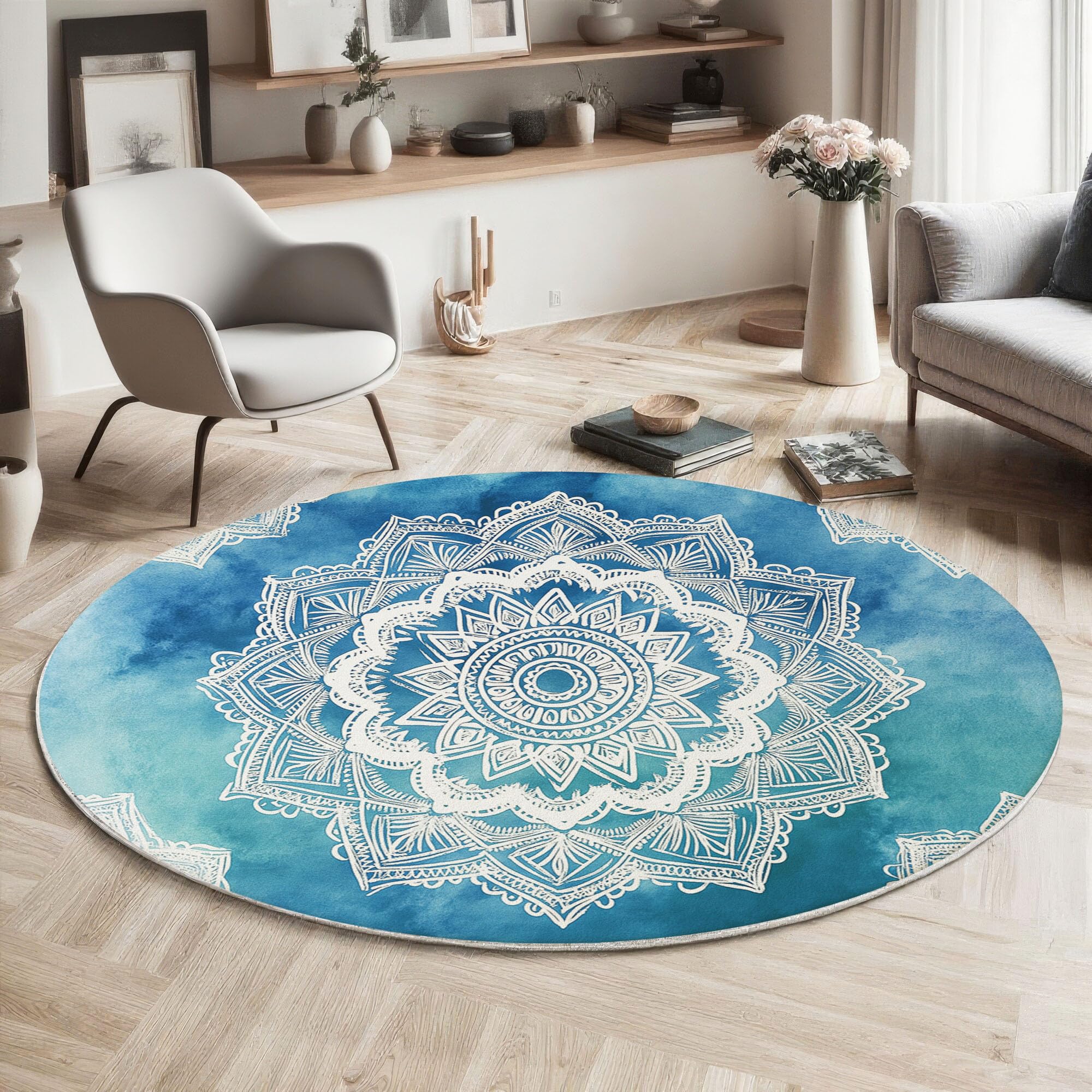 Bohème-Stil Kurzflor Teppich, Spitzen-Mandala Rund Teppich Waschbarer, 100cm rutschfest Carpet Weicher Kreis Teppiche für Kinderzimmer Esszimmer Büro, Blau